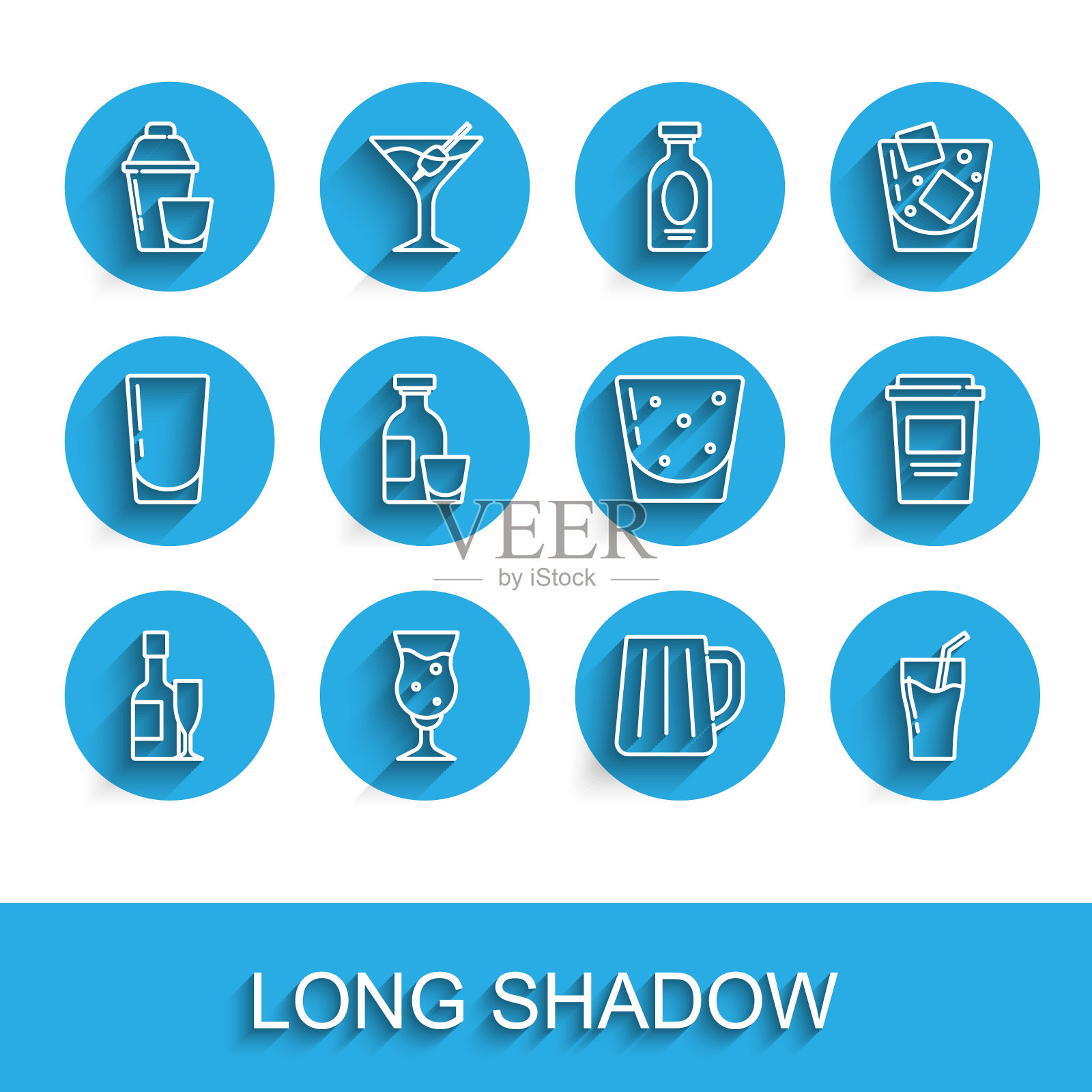 设线香槟瓶和玻璃杯，啤酒玻璃杯，鸡尾酒摇壶，木马克杯，果汁，酒精饮料朗姆酒，咖啡杯去和朗姆酒图标。向量插画图片素材