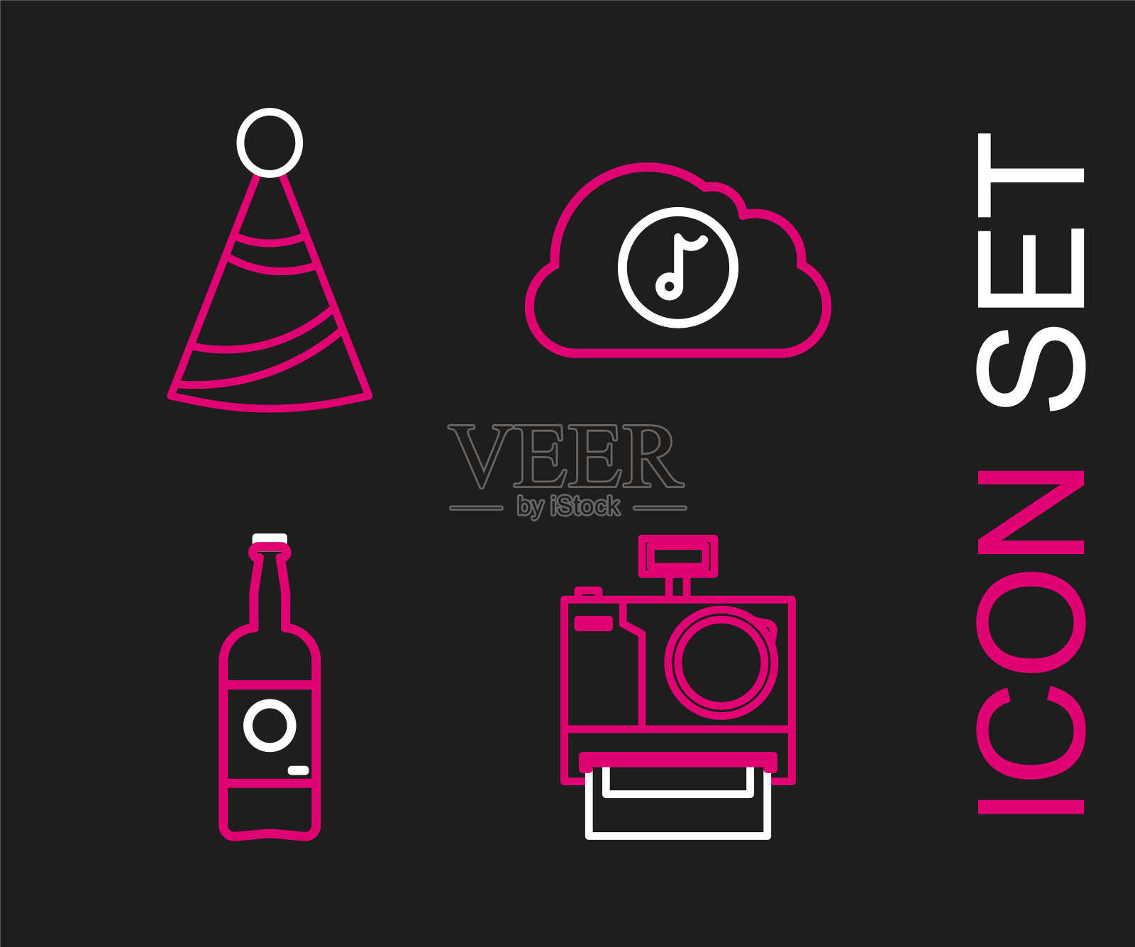 设置线照片相机，啤酒瓶，音乐流媒体服务和派对帽子图标。向量插画图片素材