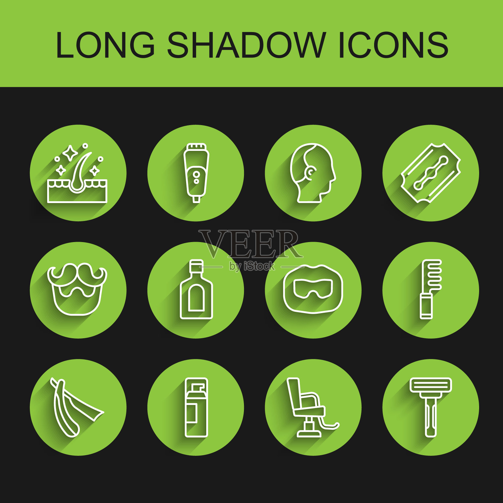 直线型剃刀，剃须啫喱泡沫，头发护理护理油，理发店椅子，瓶装洗发水，发刷和胡子和胡须图标。向量插画图片素材