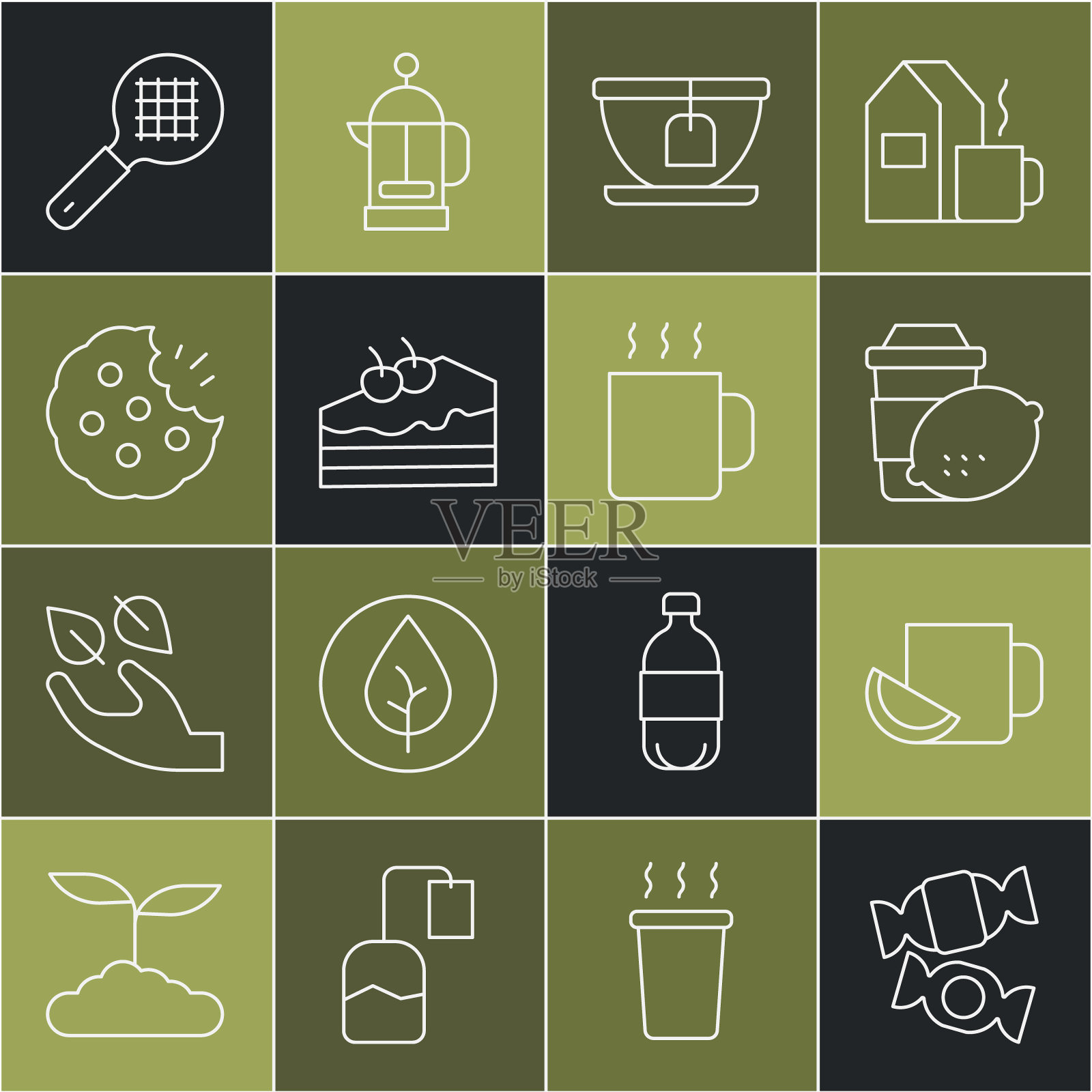 设置线糖果，柠檬茶杯，袋，块蛋糕，饼干或饼干，茶过滤器手柄和图标。向量插画图片素材