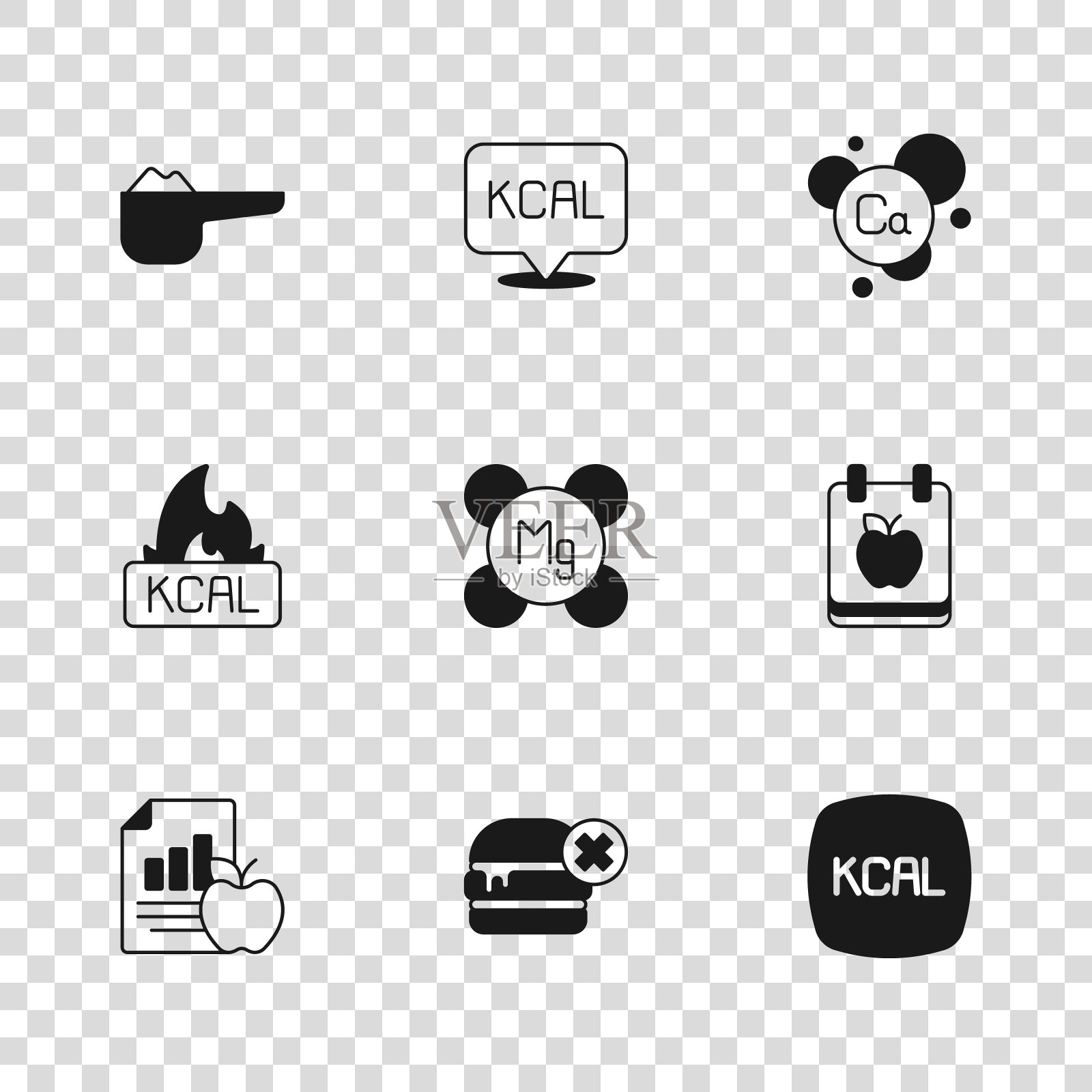 设定不吃汉堡，饮食计划，卡路里，镁，钙，运动营养蛋白和图标。向量插画图片素材