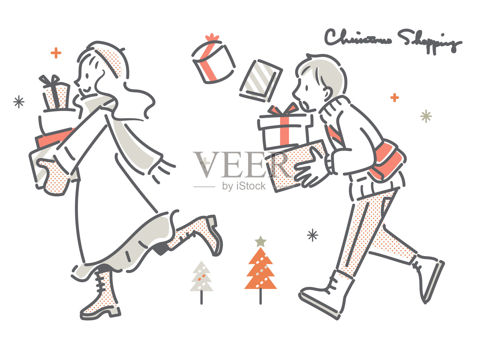 夫妇享受圣诞购物，简单的线条插图插画图片素材