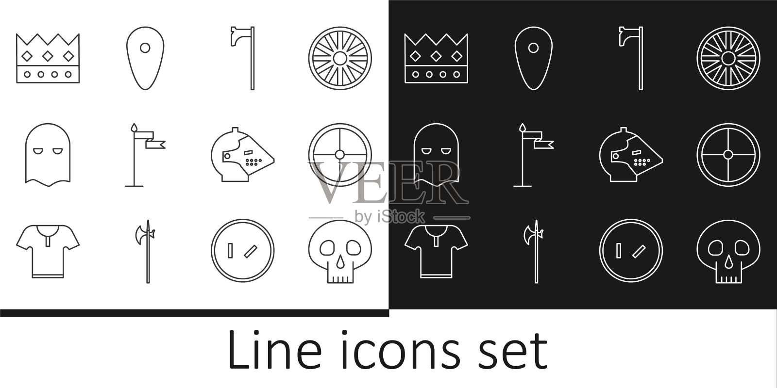 设置线头骨，圆形木盾，中世纪斧头，旗帜，刽子手面具，国王王冠，铁头盔和盾牌图标。向量插画图片素材