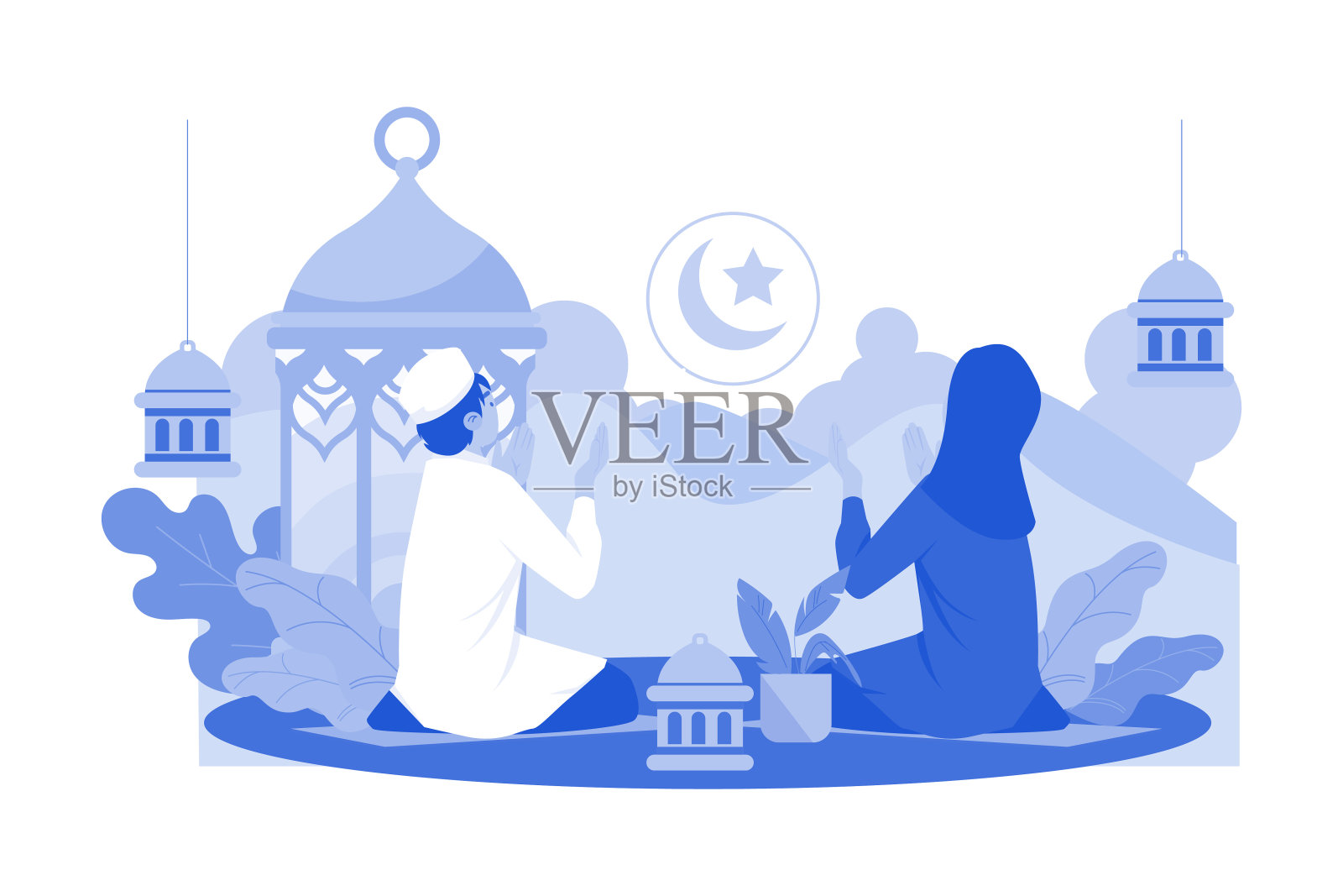 穆斯林夫妇在斋月之夜祈祷插画图片素材