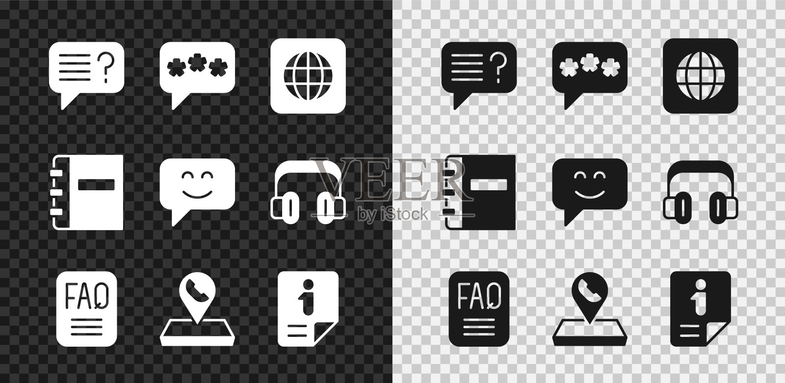 设置未知搜索，语音气泡聊天，全球范围内，常见问题解答信息，呼叫中心位置，信息，笔记本和笑脸图标。向量插画图片素材