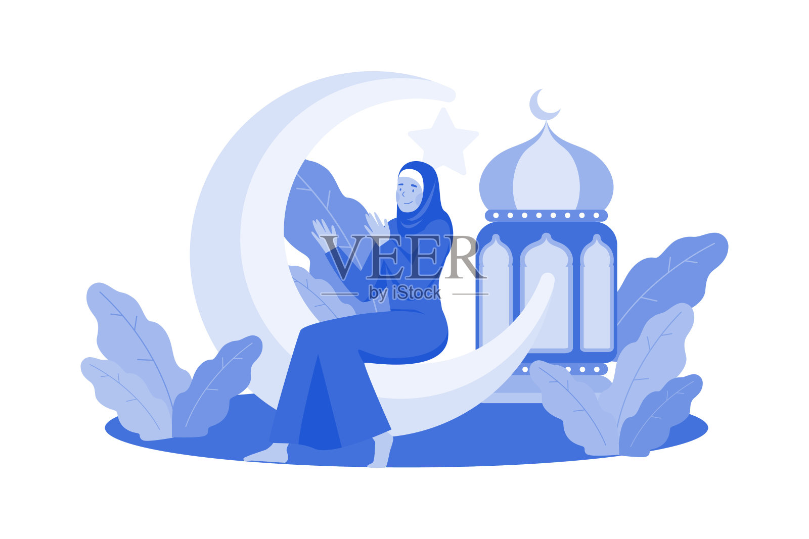 穆斯林妇女在斋月之夜祈祷插画图片素材