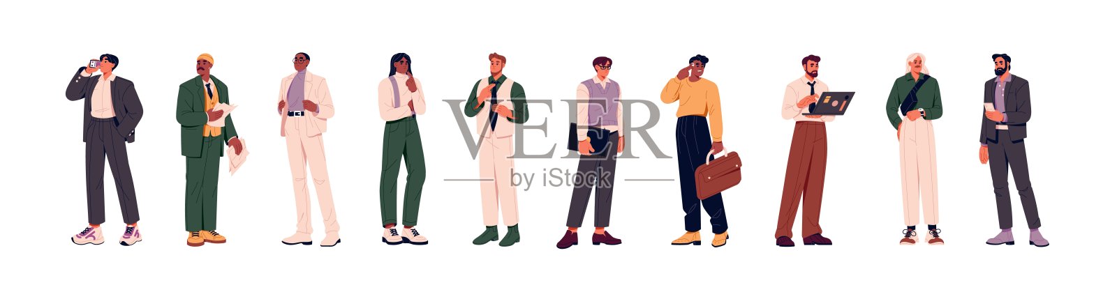 穿着西装的现代商人。穿着正式办公室服装的人站着。多元化的商人、工人、员工群体。穿着工作服的各种人物。平面隔离矢量插图上的白色插画图片素材