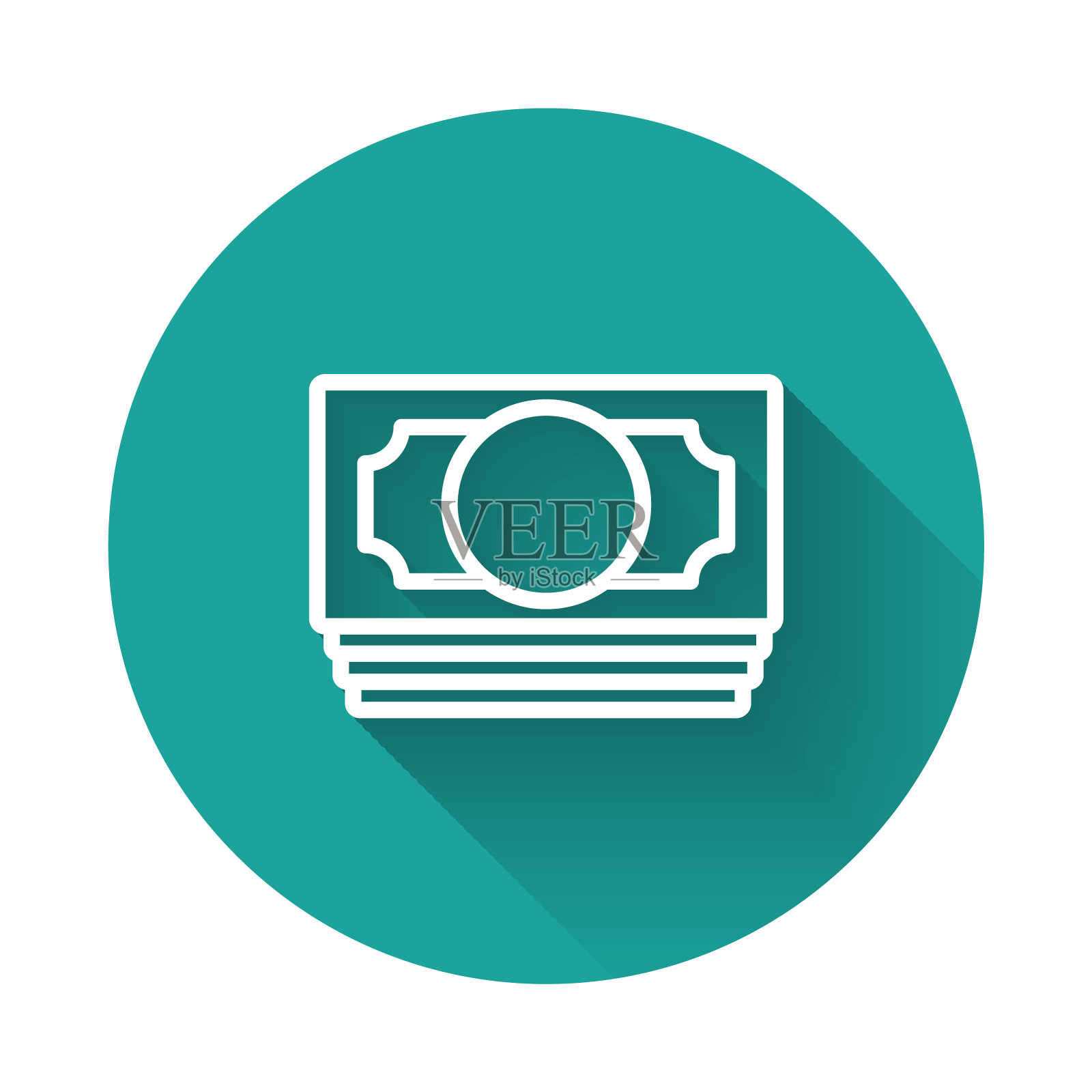 白线堆纸币现金图标孤立的长阴影背景。钞票成堆。比尔的货币。绿色圆形按钮。向量插画图片素材