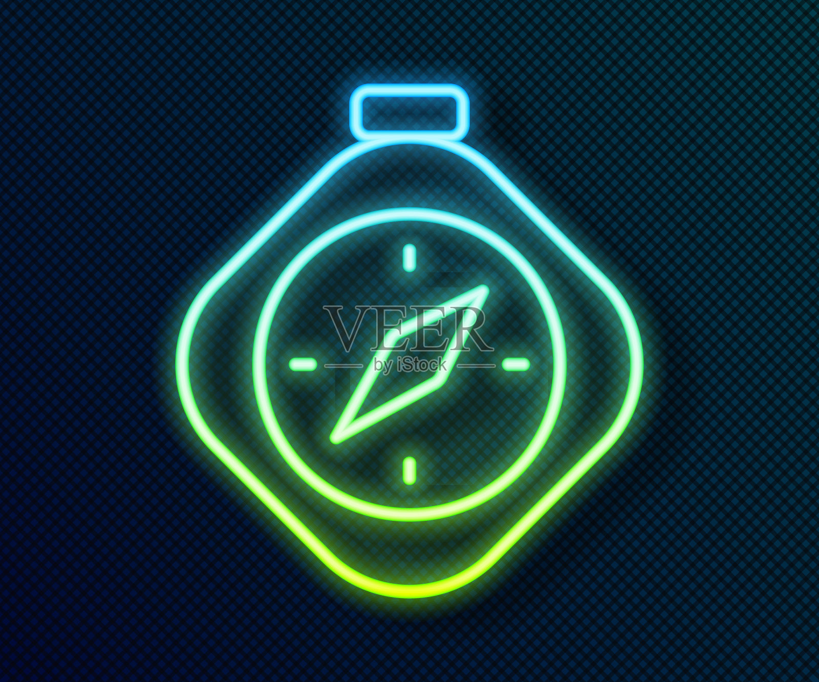 发光的霓虹灯线指南针图标孤立的黑色背景。winrose导航符号。风玫瑰星座。向量插画图片素材