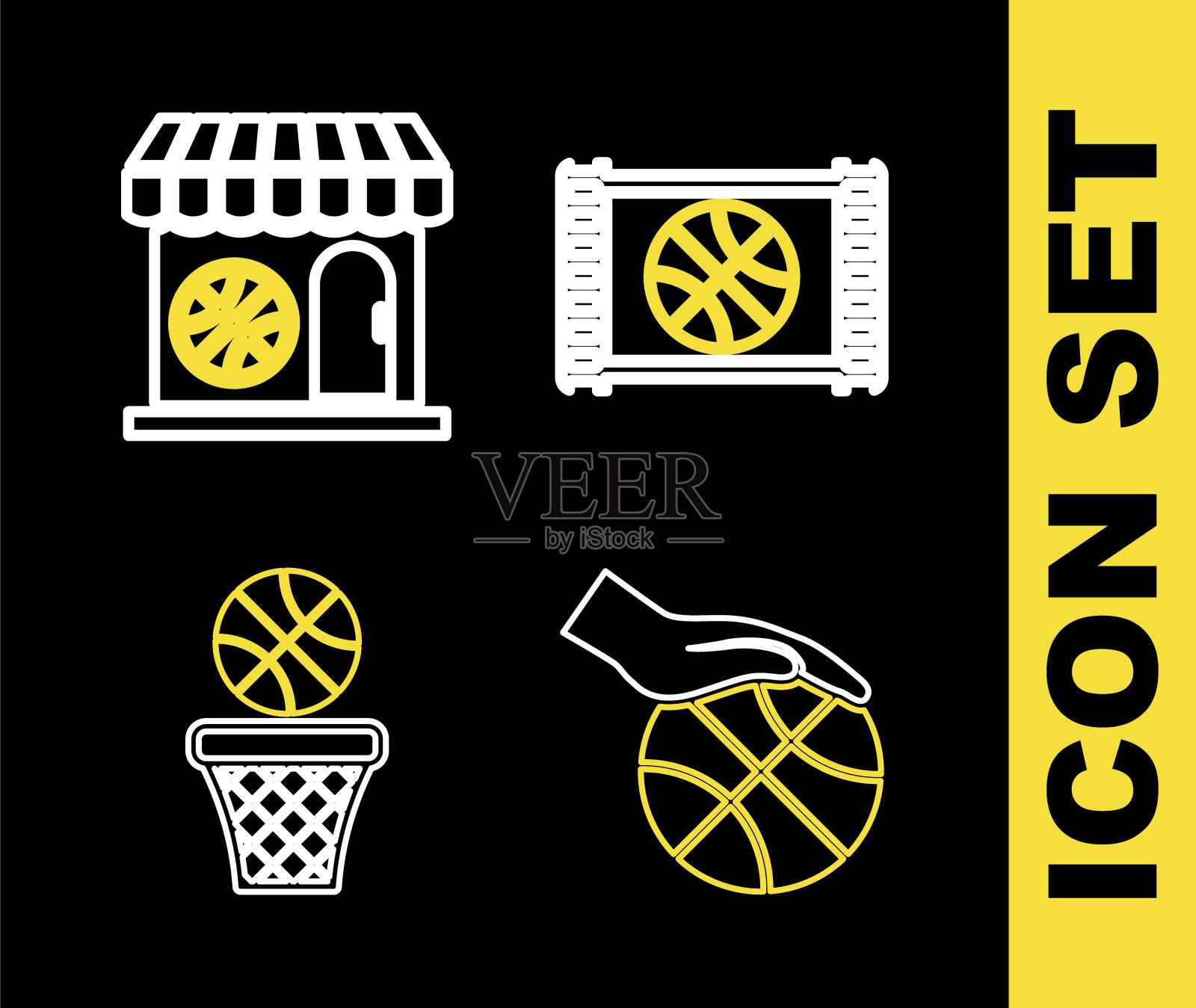 设置线体育商店和篮球，篮球，赢家领奖台和比赛门票图标。向量插画图片素材