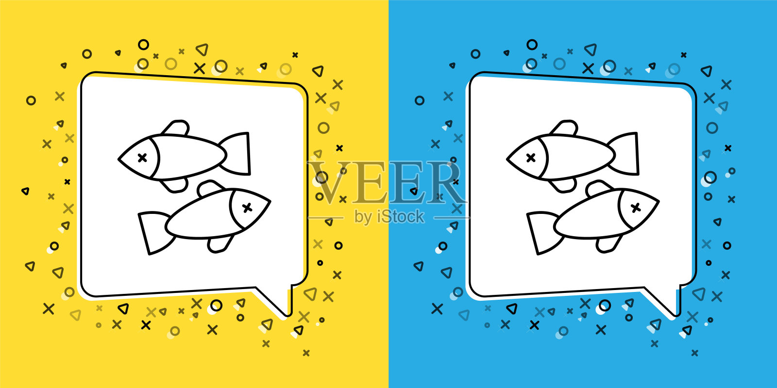 设置线死鱼图标隔离在黄色和蓝色的背景。向量插画图片素材