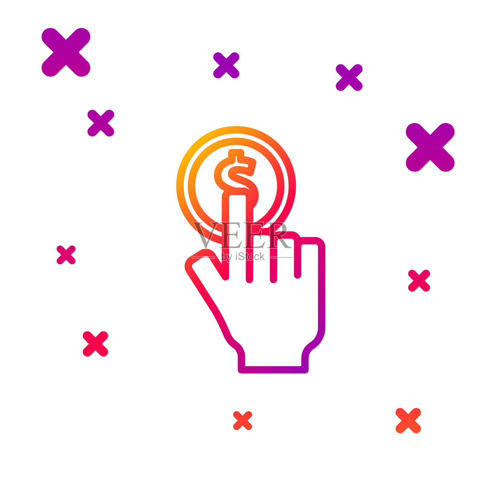 颜色线手持硬币图标孤立的白色背景。美元或USD符号。现金银行货币标志。梯度随机动态形状。向量插画图片素材