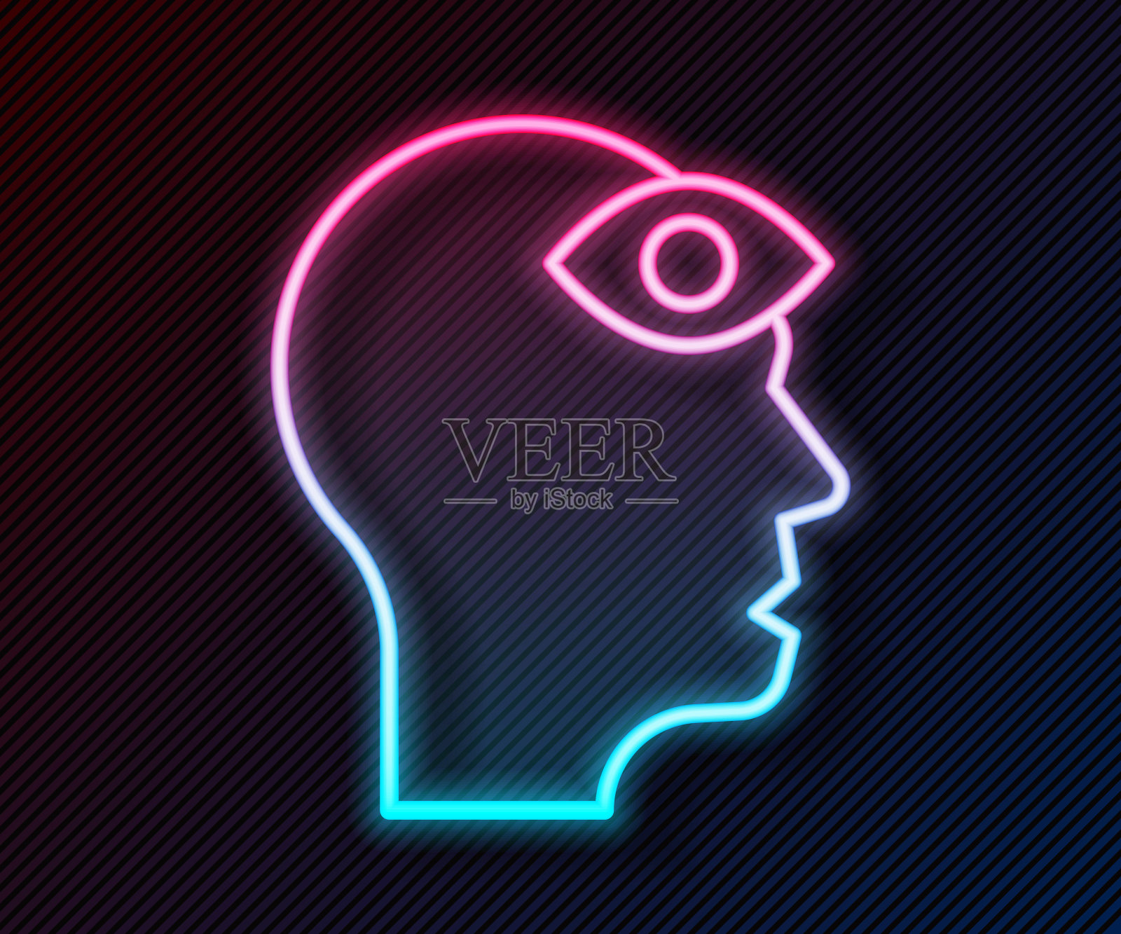 发光的霓虹灯线人与第三眼图标孤立的黑色背景。冥想的概念，能量的视野，气场。向量插画图片素材