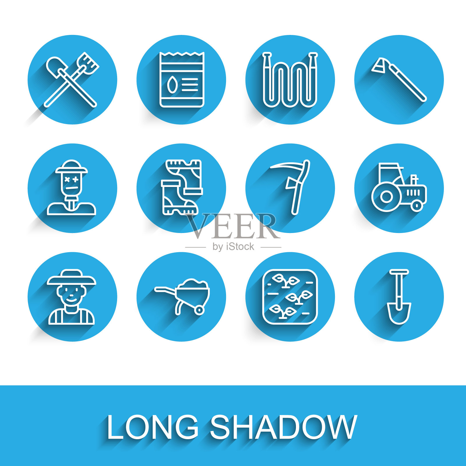 设置线农民在帽子，手推车与泥土，铲子，植物，防水橡胶靴，拖拉机和镰刀图标。向量插画图片素材