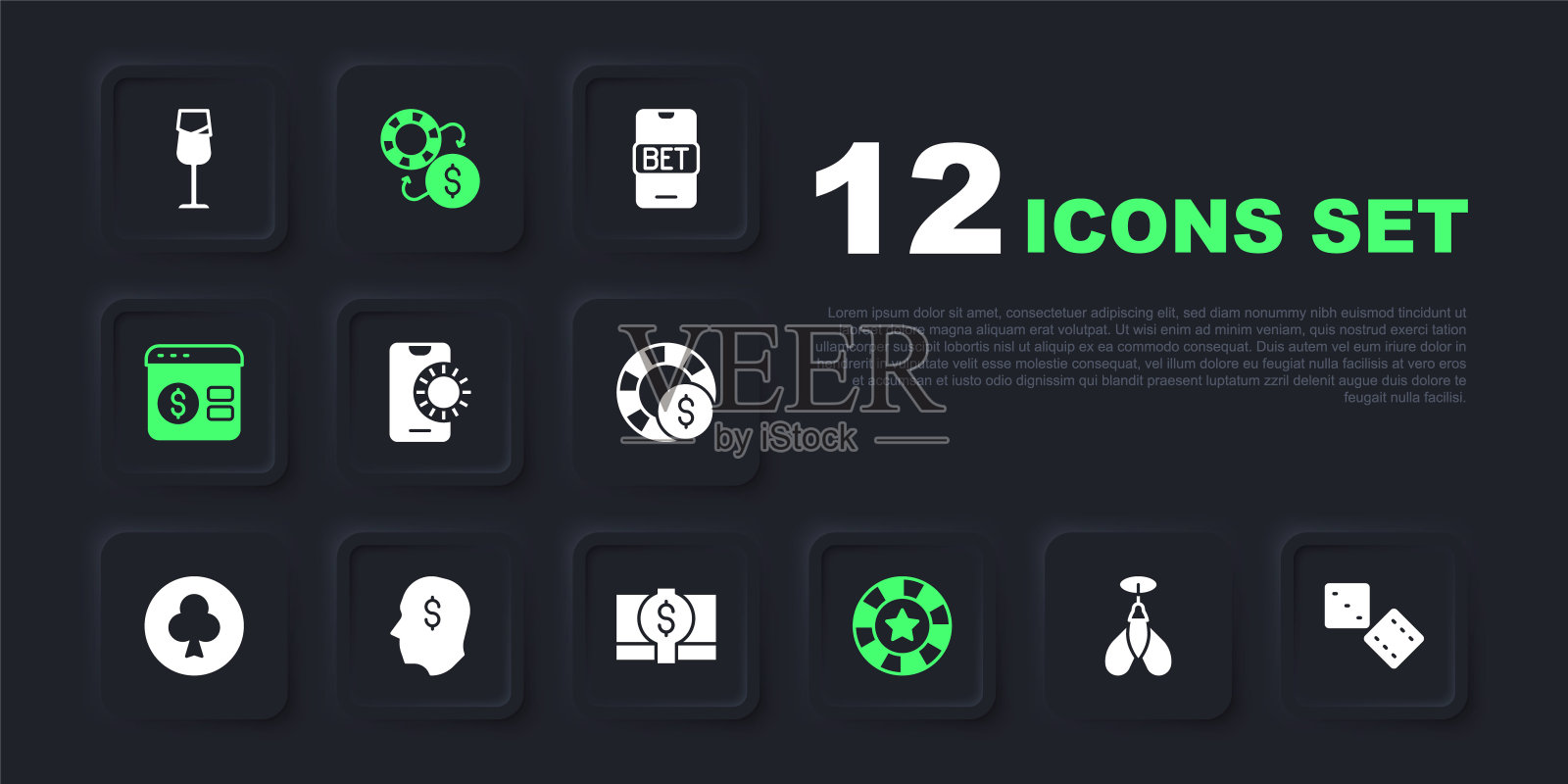 集飞镖箭，游戏骰子，在线体育博彩，赌场筹码，扑克桌游戏，幸运玩家，交换和堆栈纸币现金图标。向量插画图片素材