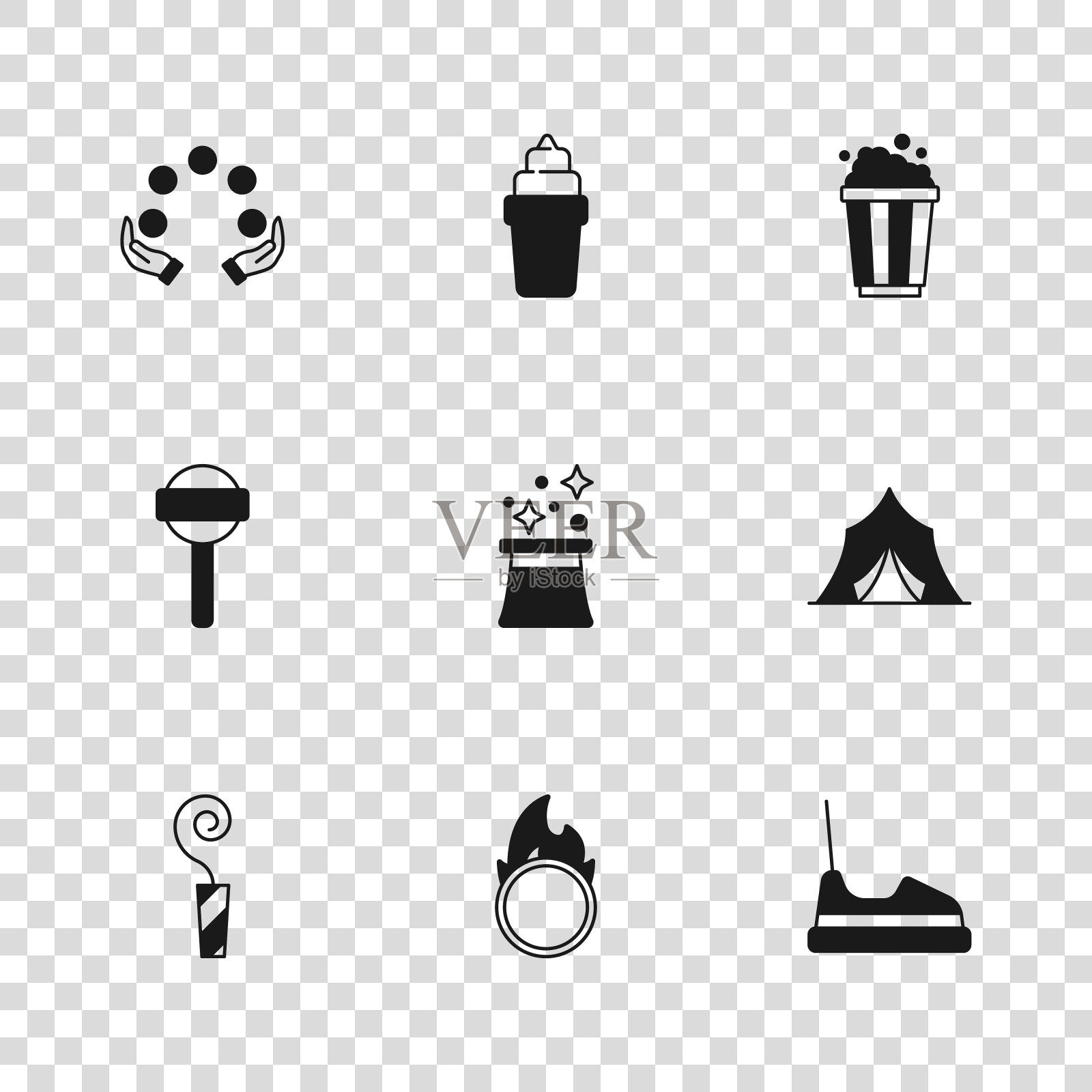 设置马戏团火箍，帐篷，碰碰车，魔术师帽子，爆米花在纸箱，杂耍球，冰淇淋华夫饼和棒棒糖图标。向量插画图片素材