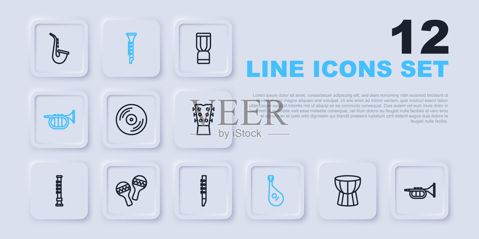 设置线非洲达布卡鼓，小号，乙烯基磁盘，班杜拉，沙球，单簧管和长笛图标。向量插画图片素材