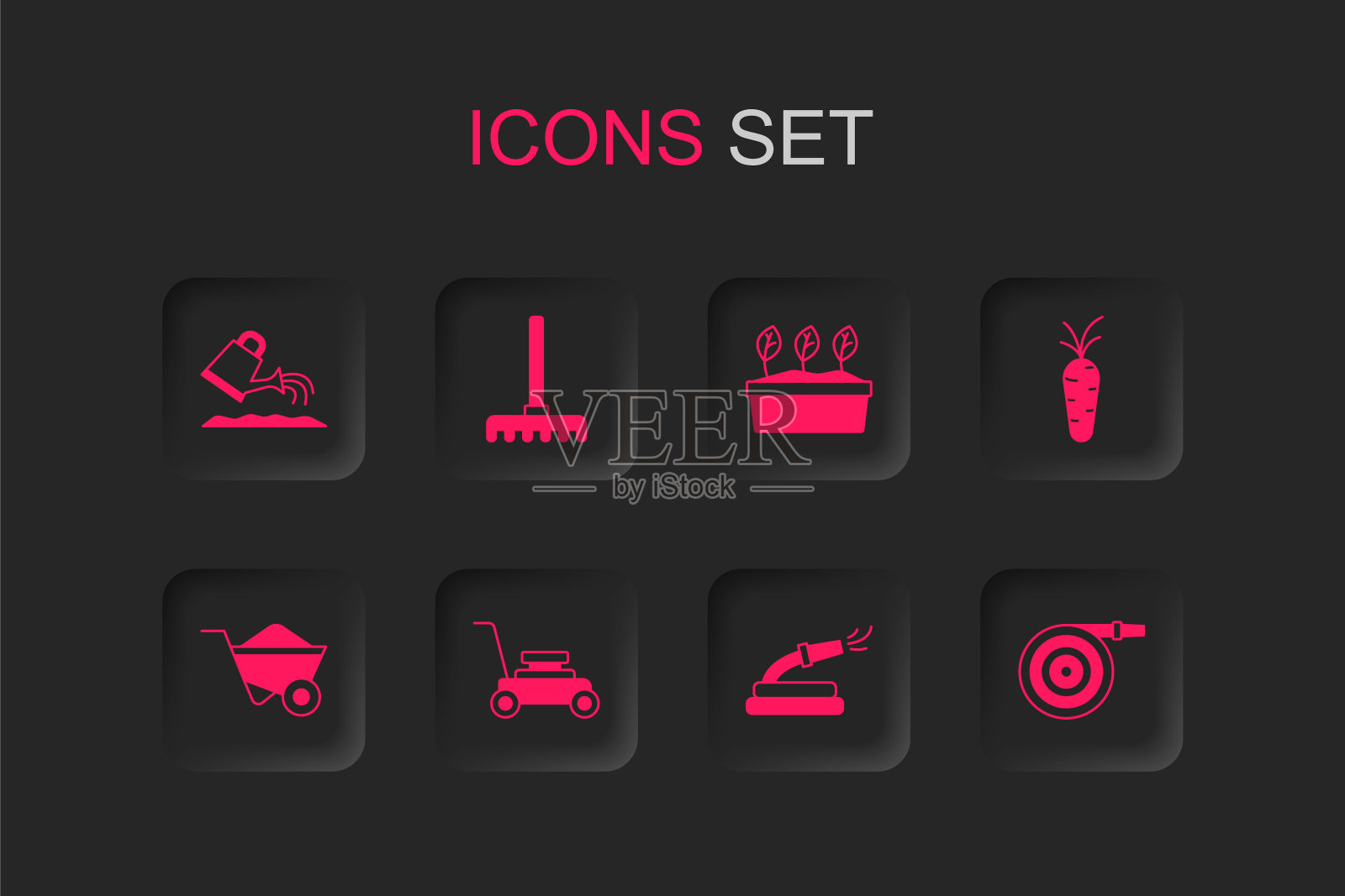 设置割草机，花园耙，浇水罐，软管，胡萝卜，花盆和手推车图标。向量插画图片素材