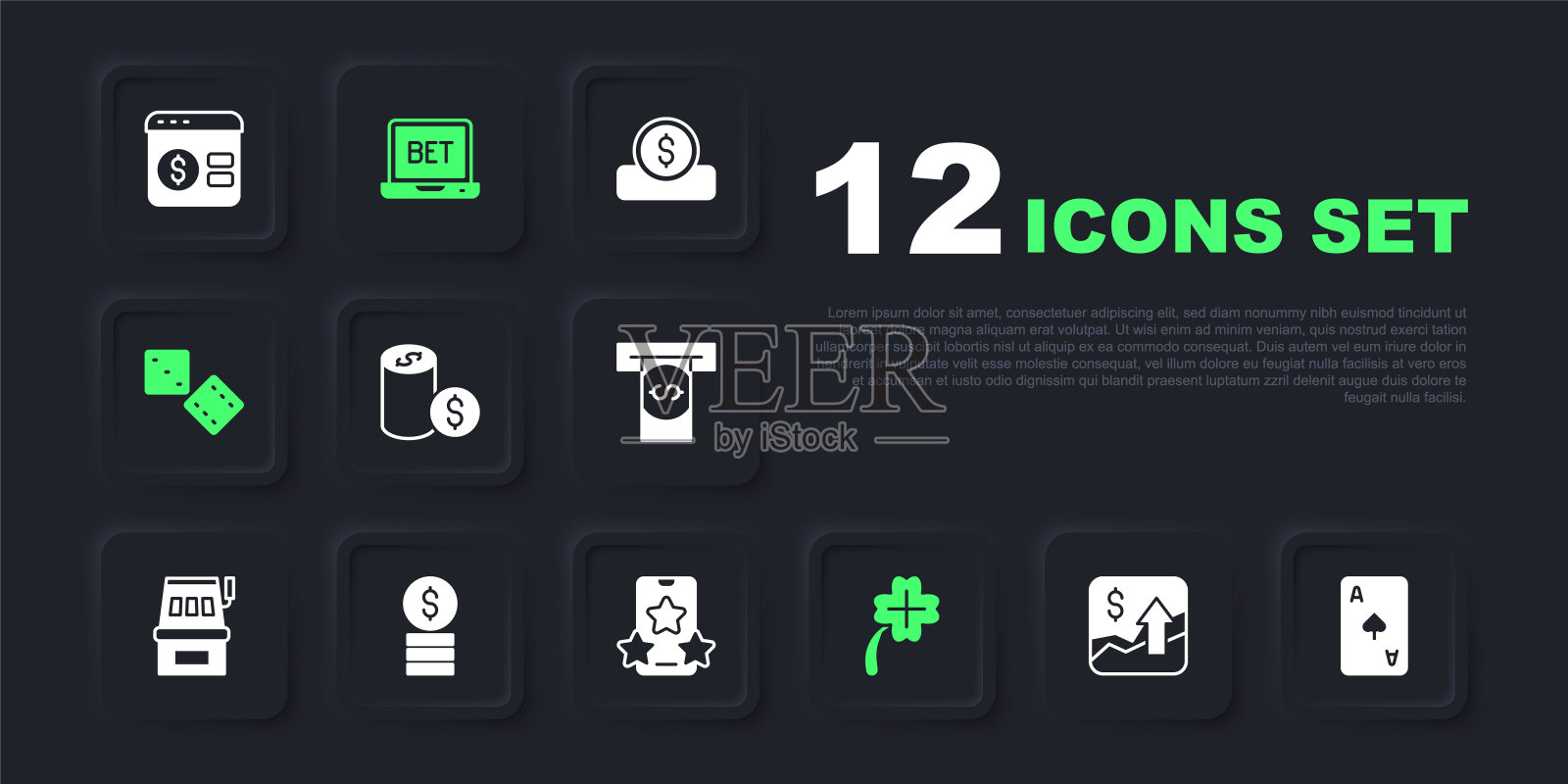 集金融增长增长，扑克牌黑桃符号，赌场筹码美元，老虎机三叶草，游戏骰子，在线体育博彩和图标。向量插画图片素材