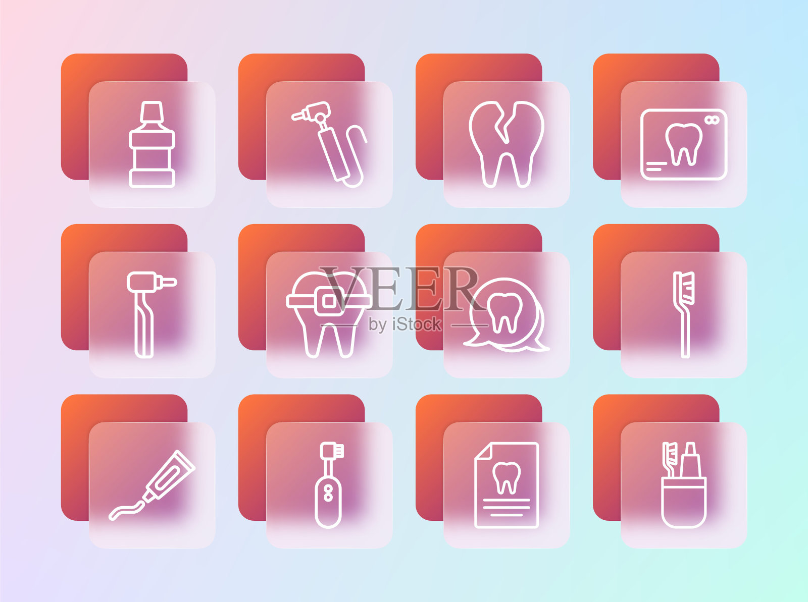 设置牙齿x光线，电动牙刷，牙齿，带牙卡的剪贴板，牙套，破碎，漱口水和钻图标。向量插画图片素材