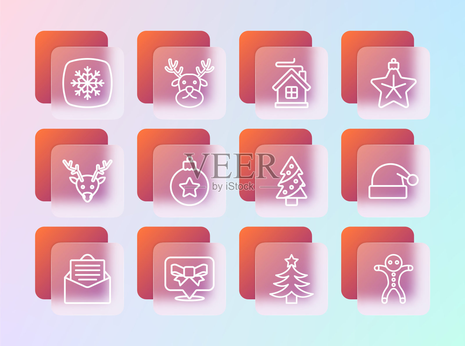 圣诞之星、礼品蝴蝶结、圣诞树、圣诞球、欢乐小屋、雪花和驯鹿图标矢量素材插画图片素材