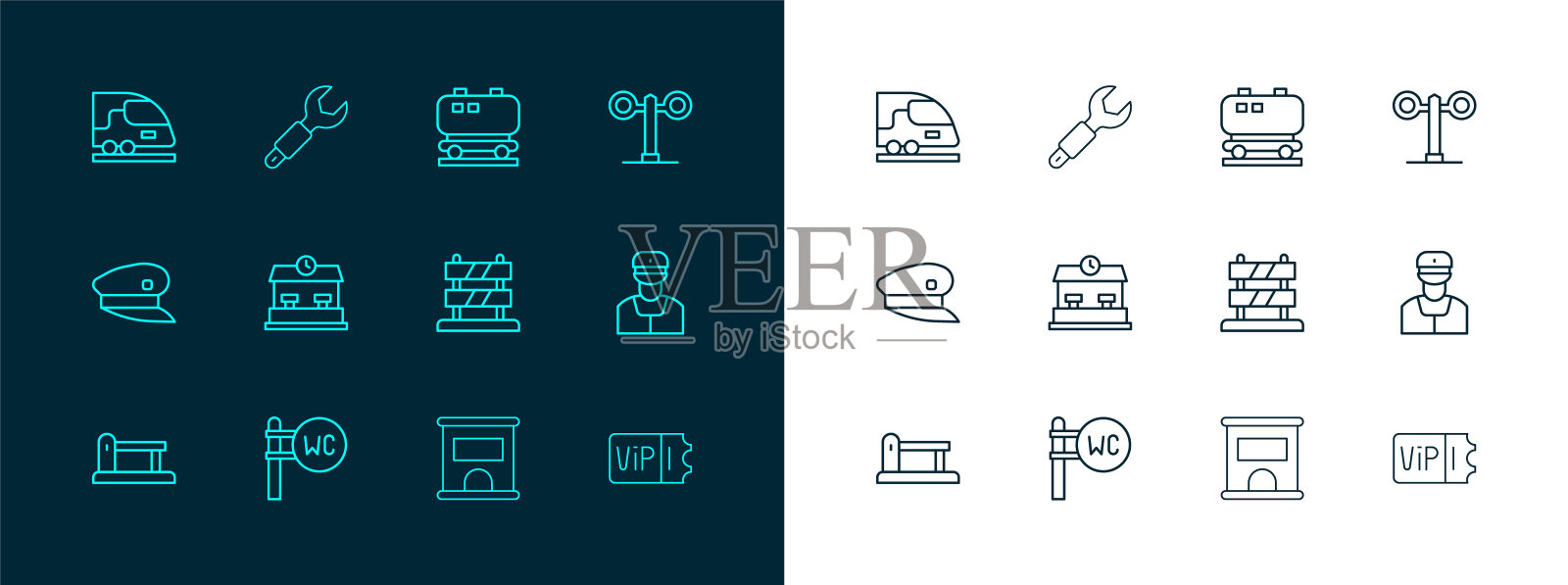 列车交通灯，厕所，铁路轨道尽头，售票处购票，火车站，油库，高速列车和扳手图标。向量插画图片素材