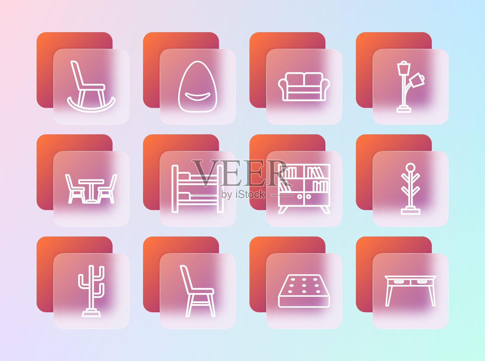 采购产品集线落地灯，椅子，图书馆书架，床垫，双层床，沙发，扶手椅和蒲团图标。向量插画图片素材