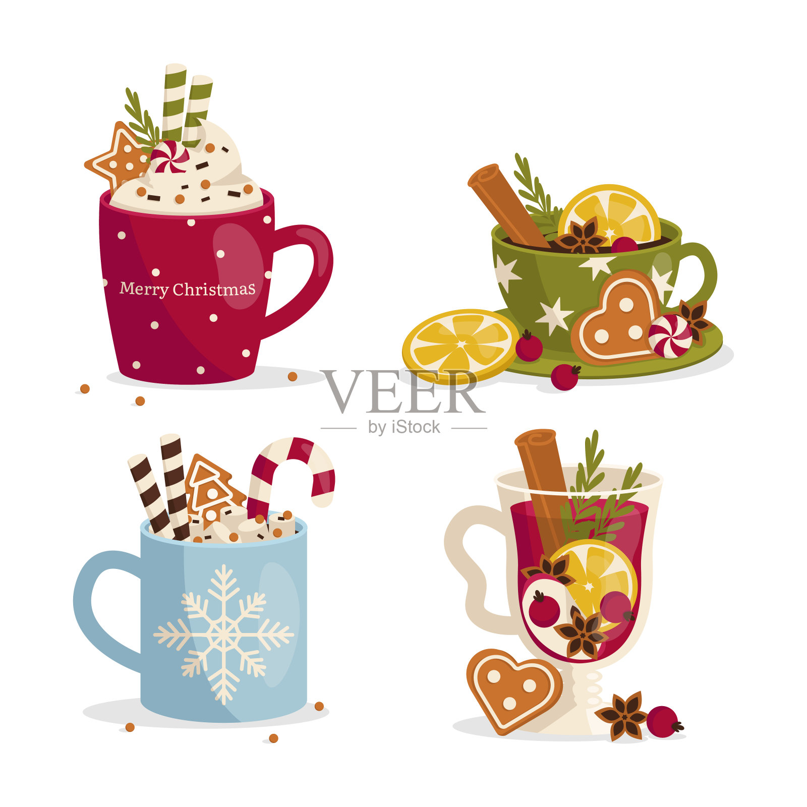 一套舒适的杯子与热饮。冬天的时间。圣诞节喝。向量图形。插画图片素材