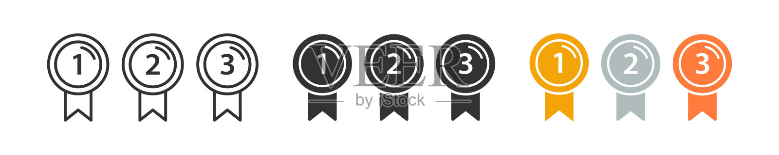 金牌图标。金奖标志。冠军第一，第二，第三名的牌子。徽章获胜者标志。第一名图标奖。黑色，金色，银色，青铜色。矢量信号。插画图片素材