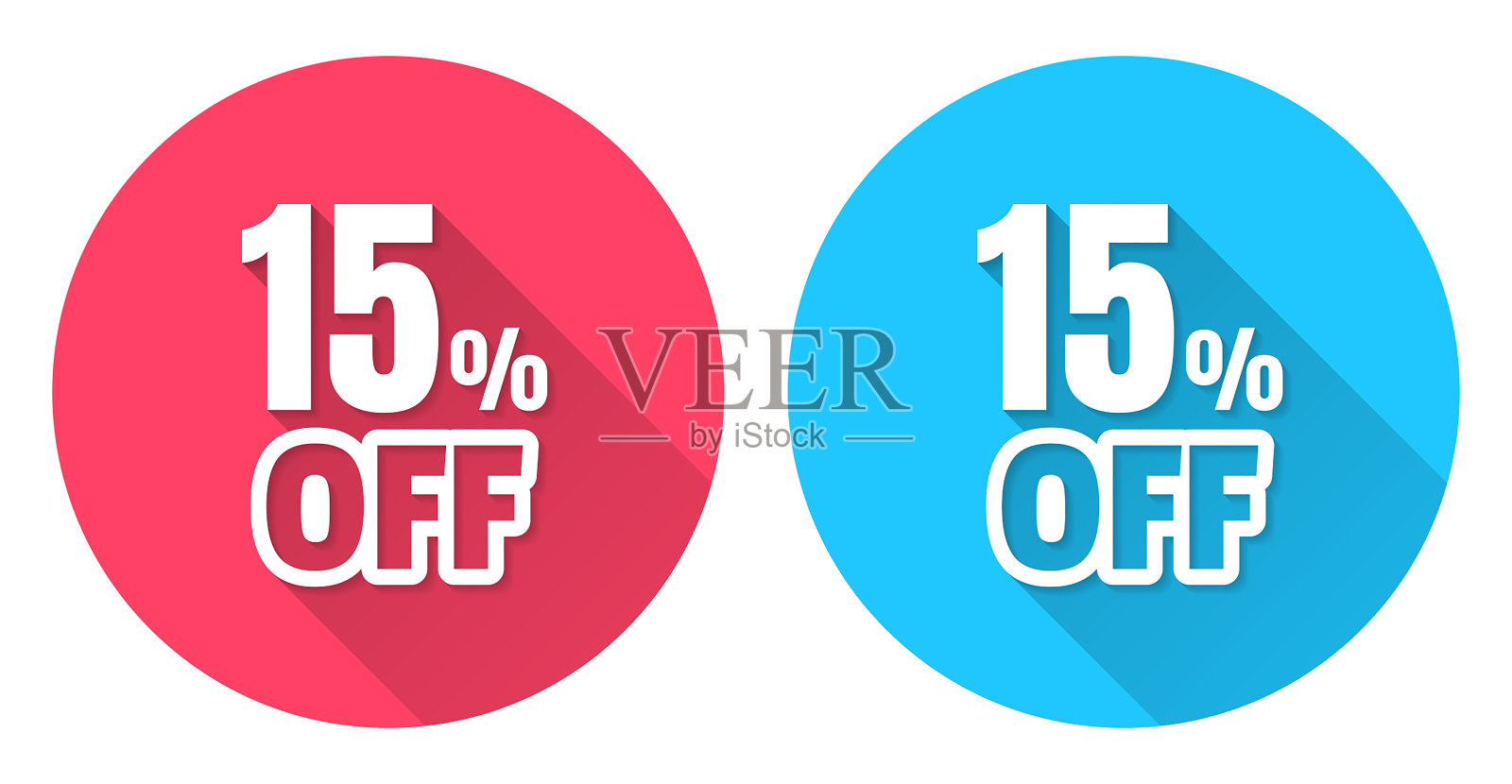 八五折。圆形图标与长阴影在红色或蓝色的背景插画图片素材