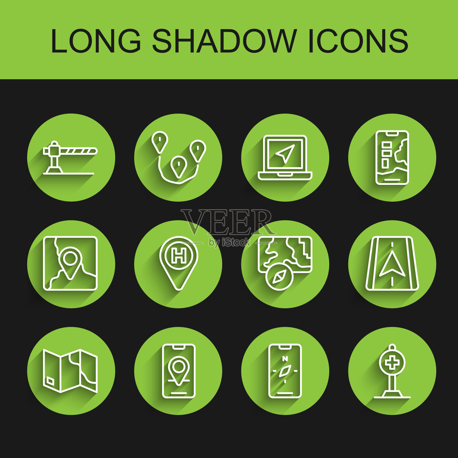 集线折叠地图，城市导航，停车障碍，指南针移动，位置与交叉医院，直升机着陆垫，和图标。向量插画图片素材