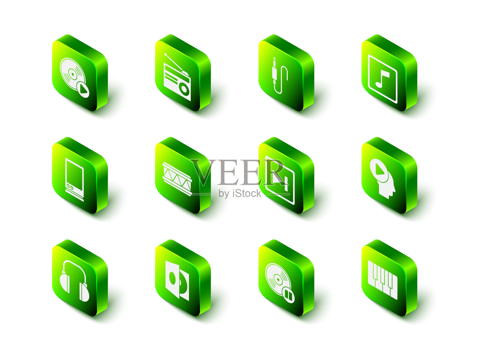 设置收音机天线，音频插孔，音乐笔记，音调，头人播放按钮，合成器，快进，黑胶唱片和播放器黑胶图标。向量插画图片素材