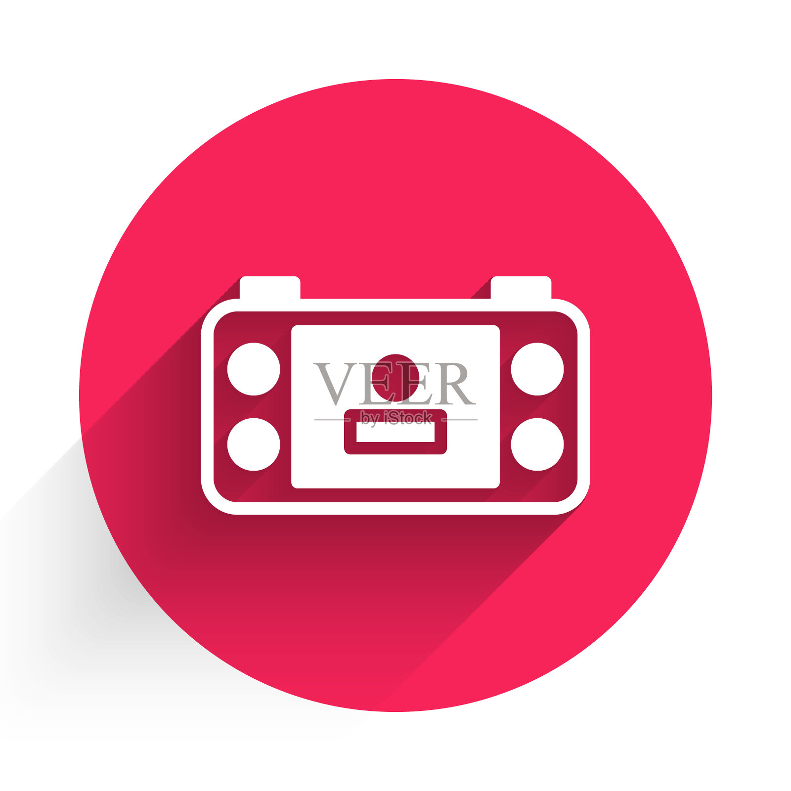 白色便携式视频游戏机图标与长阴影背景隔离。掌机游戏。红色圆圈按钮。向量插画图片素材