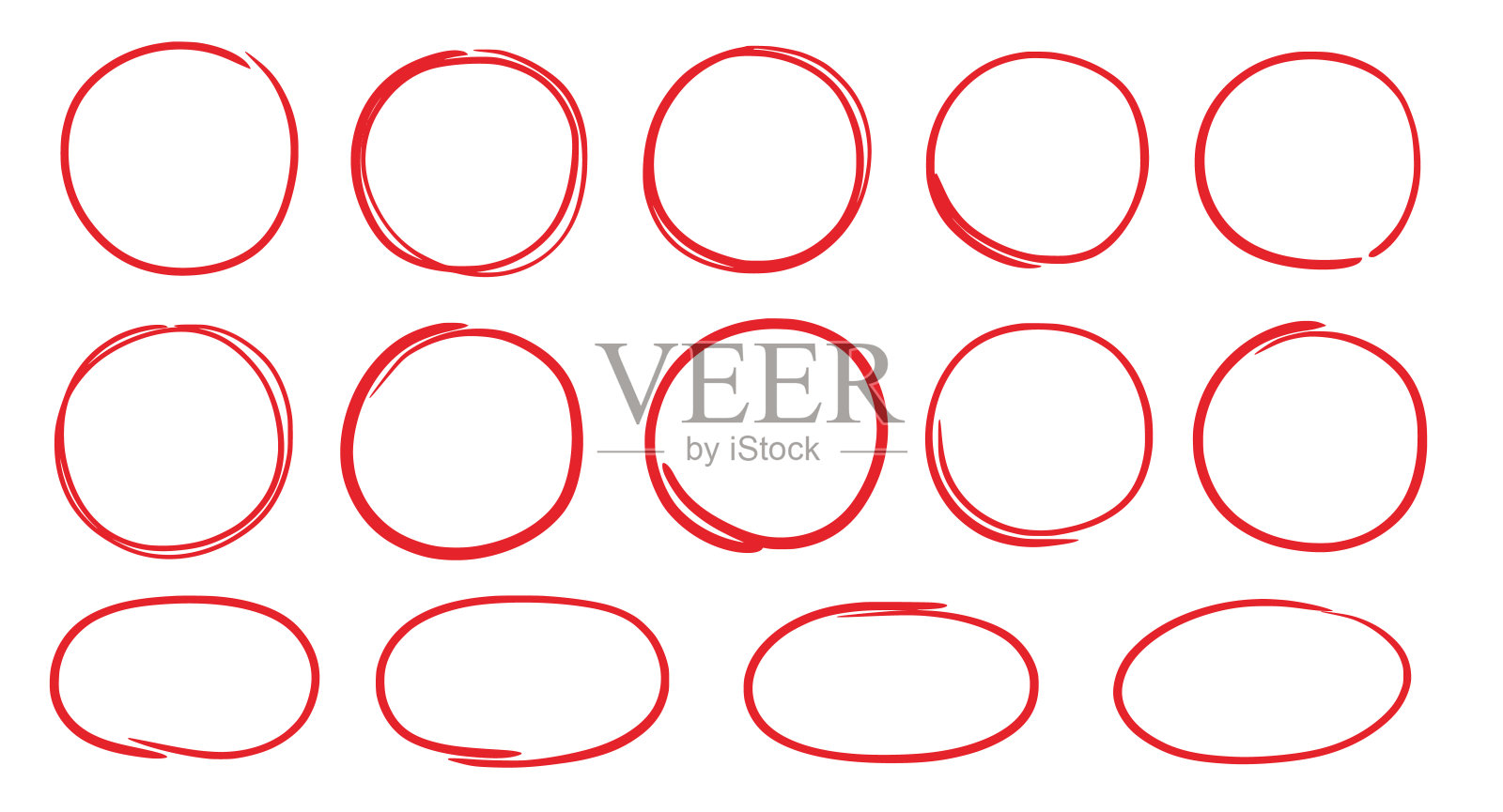 手绘红色椭圆形套装。手绘涂鸦标记，笔画线条突出椭圆形框架。涂写圆形框架文本高亮。垃圾刮刮风格集。向量插画图片素材