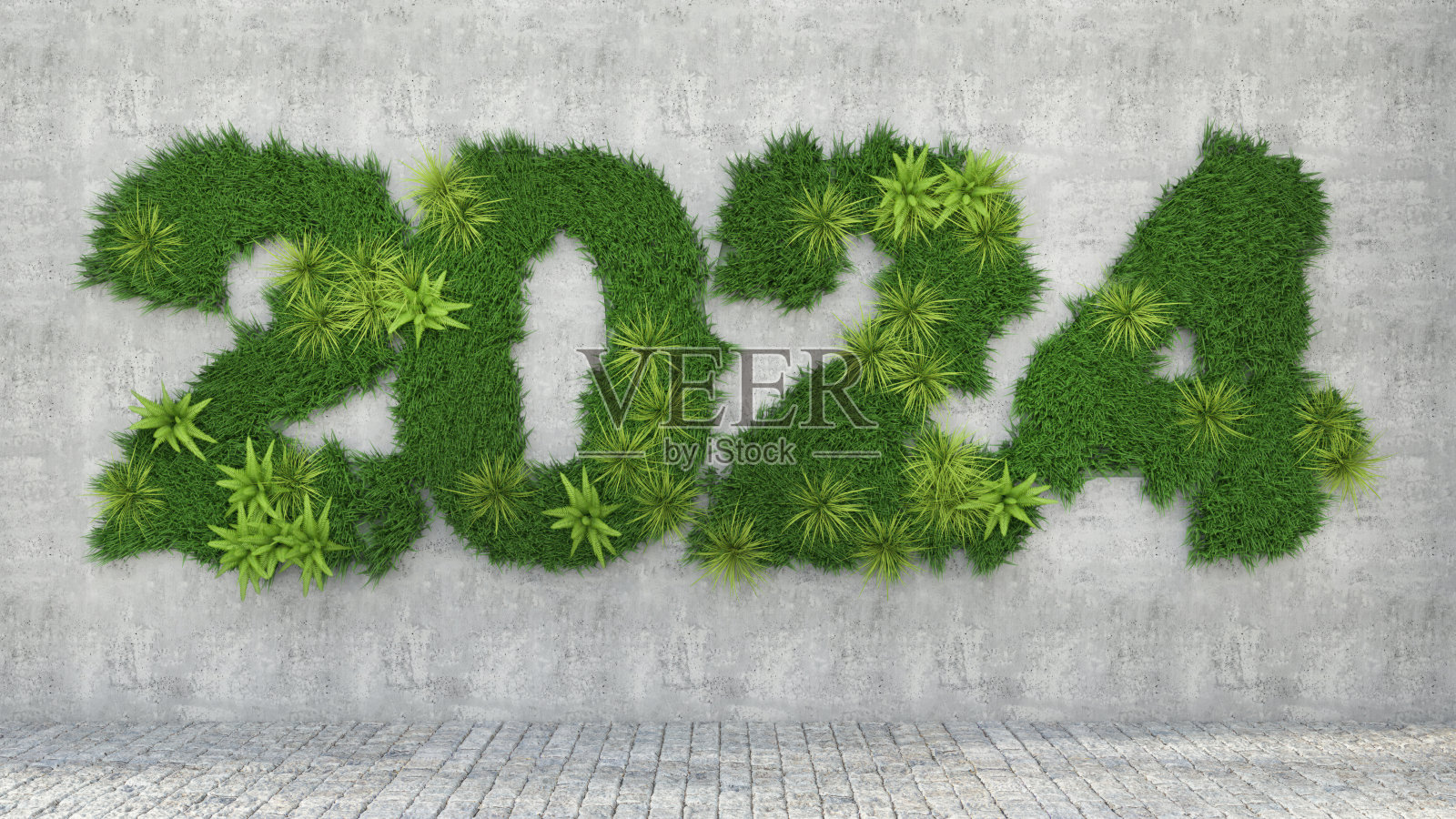 绿色2024新年概念，墙上有草和植物照片摄影图片