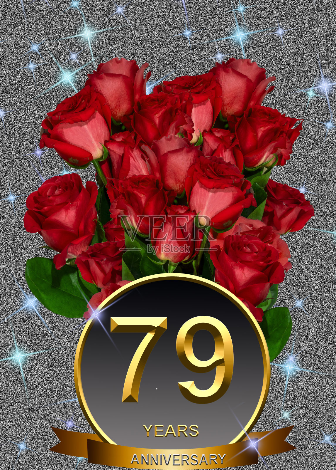 3d插图，79周年纪念。节日背景上的金色数字。周年庆典、派对的海报或卡片照片摄影图片