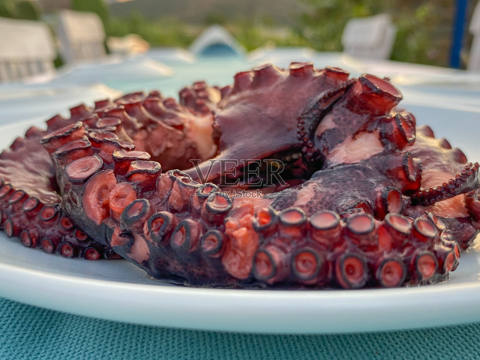 煮熟的章鱼放在盘子里，在餐馆的桌子上，以日落为背景照片摄影图片