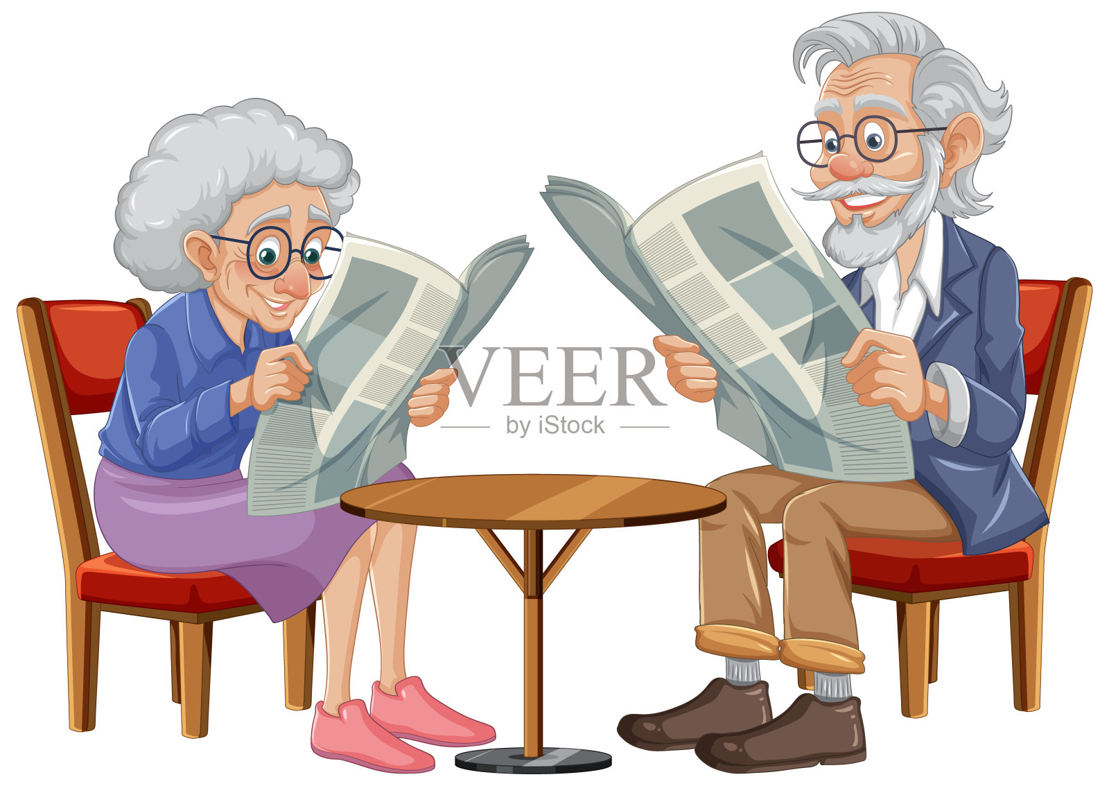 复古夫妇在古董椅子上读报纸插画图片素材