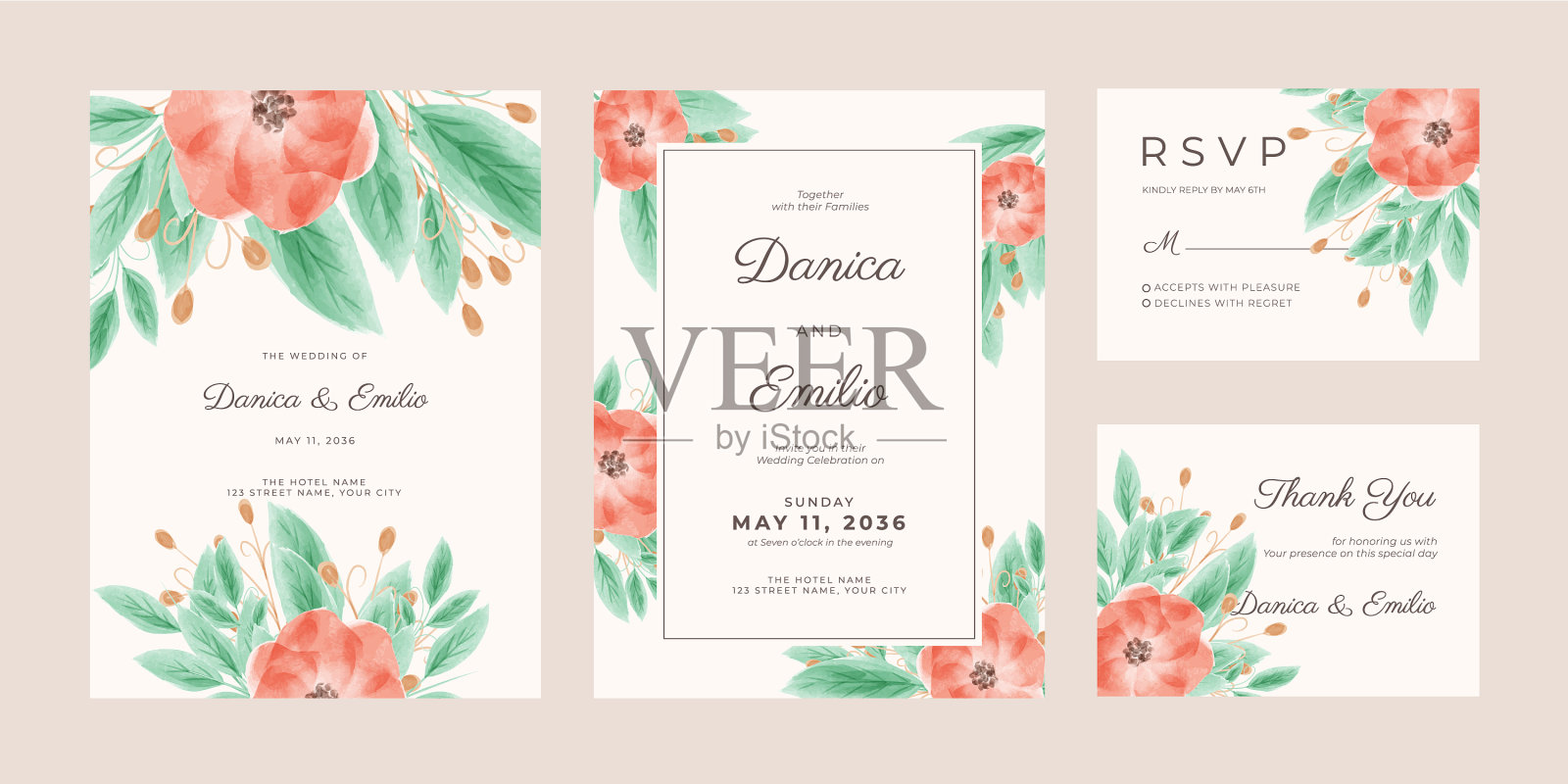 优雅浪漫的婚礼请柬搭配插画图片素材