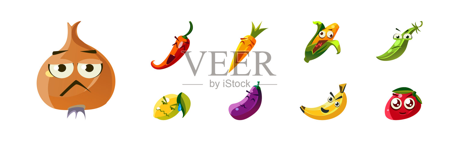 有趣的水果和蔬菜人物的脸插画图片素材