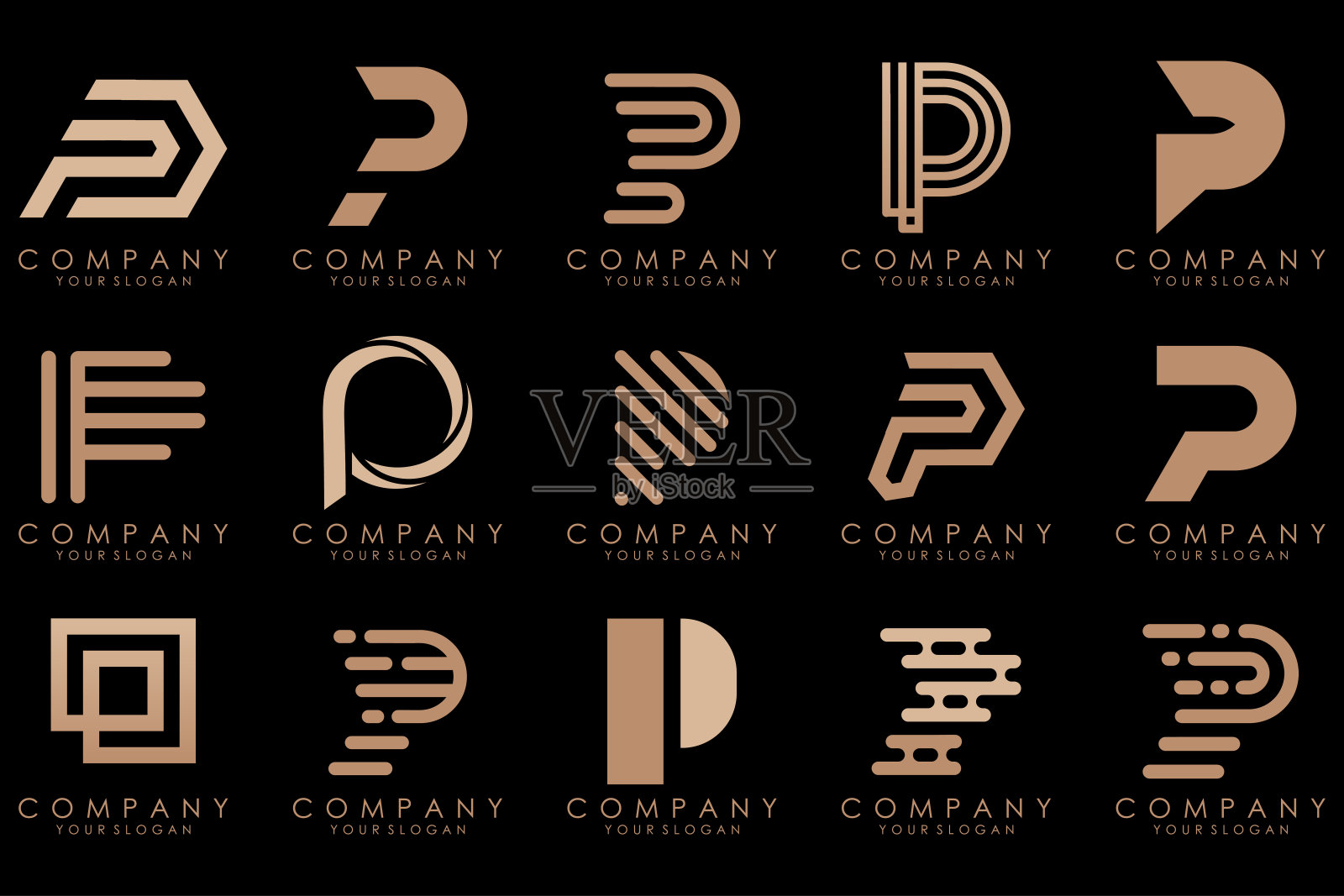 一套字母P标志设计。现代创意字母组合图标设计灵感。插画图片素材