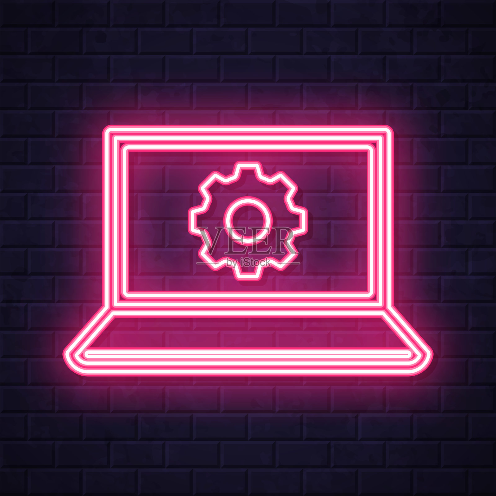 笔记本电脑设置-齿轮。在砖墙背景上发光的霓虹灯图标插画图片素材