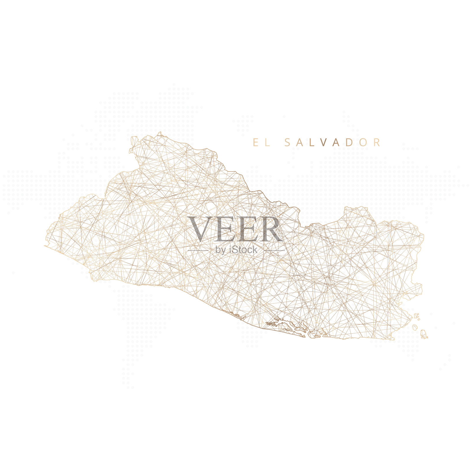 萨尔瓦多的低多边形地图。金色多边形线框。闪闪发光的矢量与黄金粒子在白色的背景插画图片素材