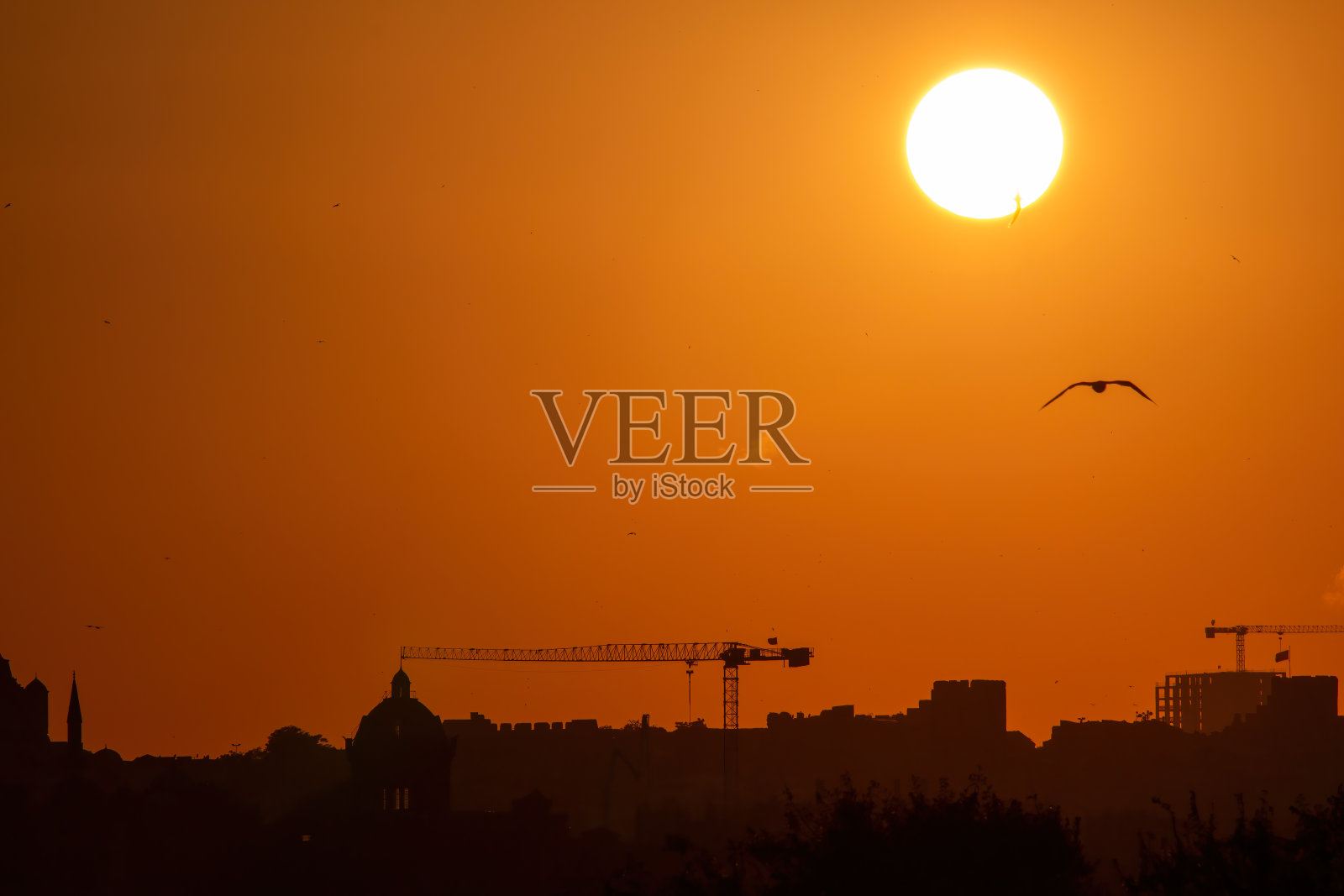 日落时建筑物映衬天空的剪影。土耳其伊斯坦布尔照片摄影图片