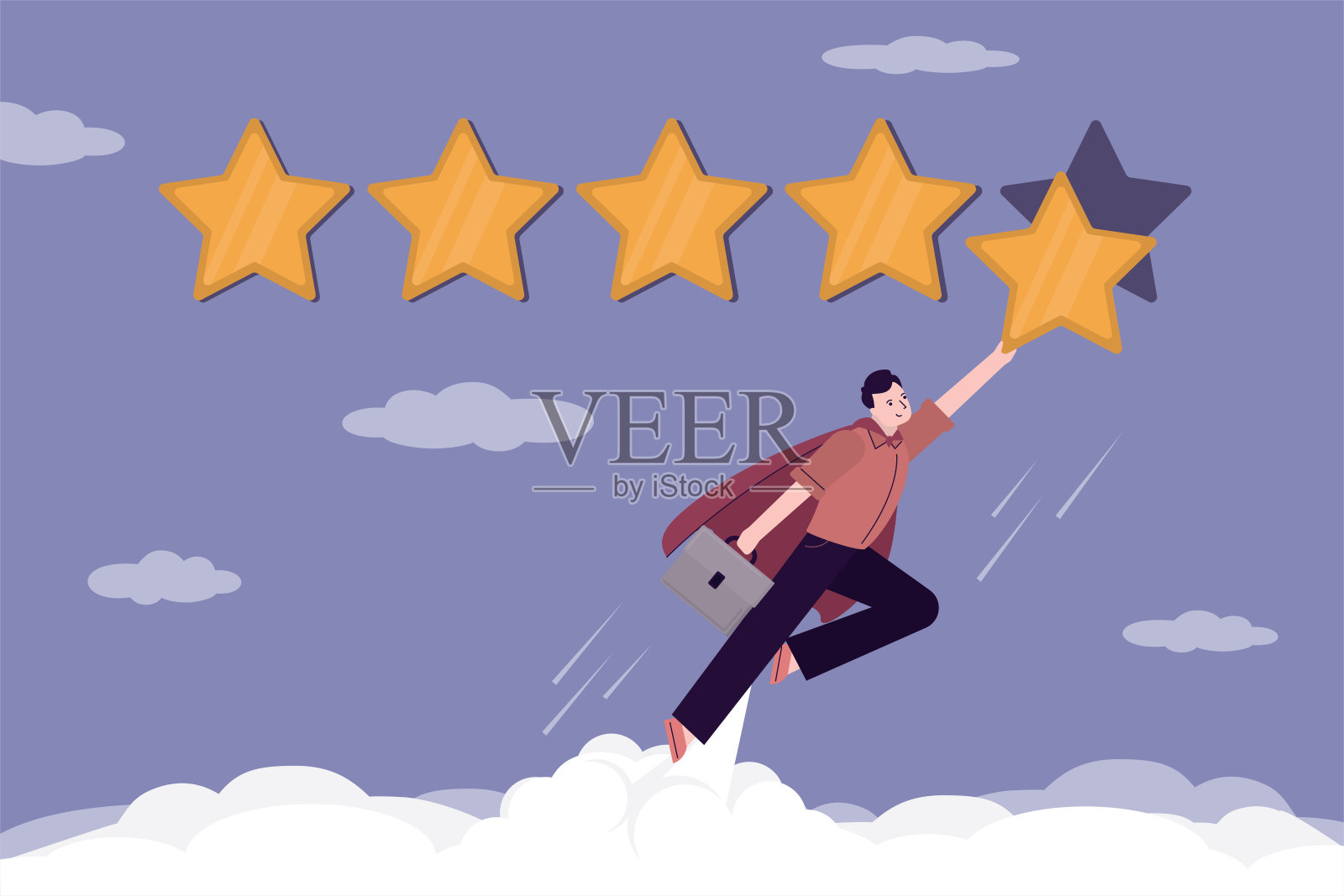客户评论，横幅。商人或客户看起来像超级英雄与明星飞行。五星评级，高品质理念。在线调查，反馈。奖状,投票。插画图片素材