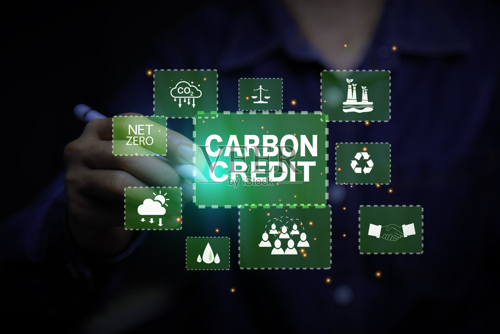 绿色能源，碳信用市场理念。商人指着碳信用图标。2050年为零。绿色能源的图标。工业碳中和净零排放生态能源。照片摄影图片