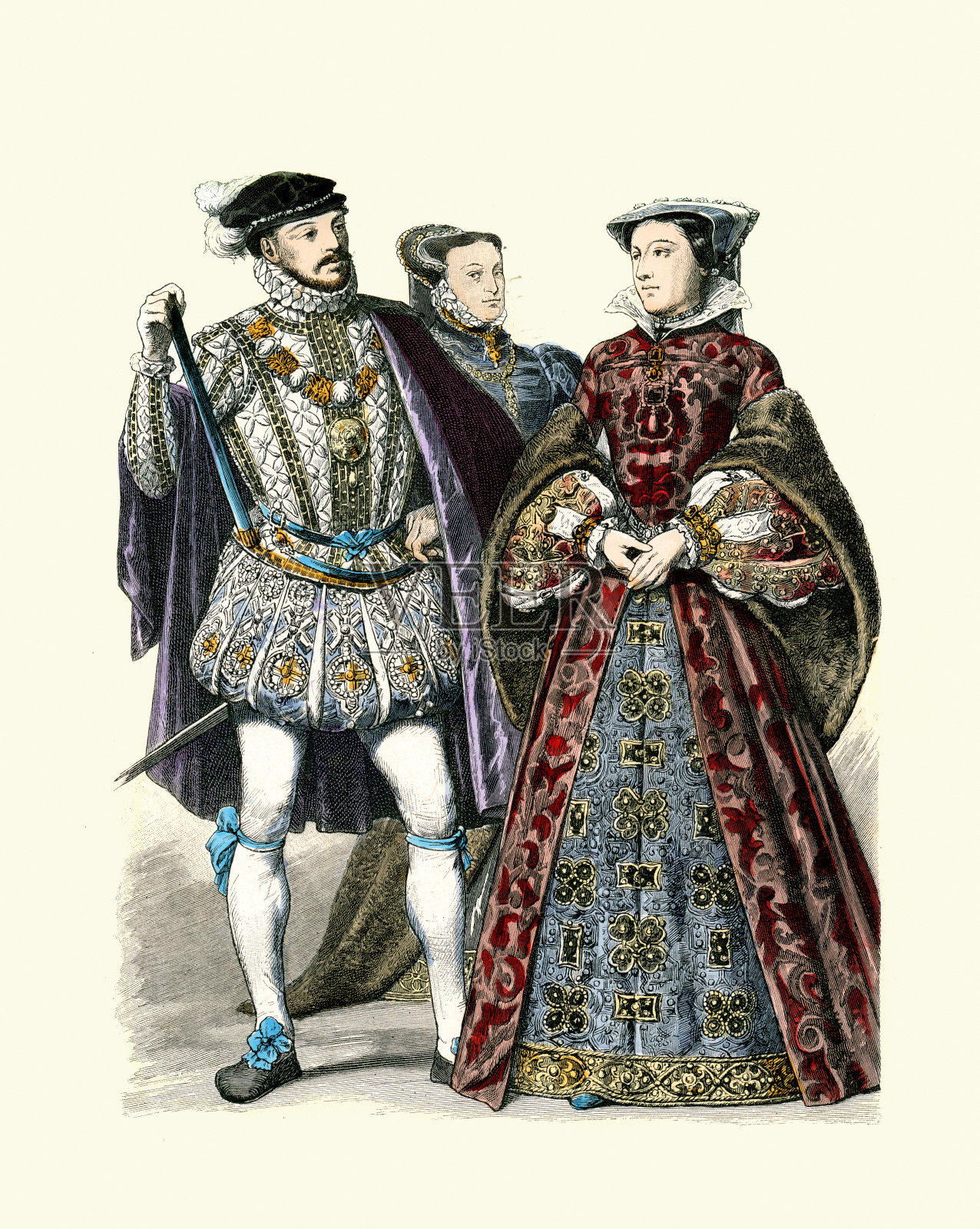 伊丽莎白时代的时尚，16世纪的历史，亨利·斯图尔特，达恩利勋爵，弗朗西丝·格雷，萨福克公爵夫人，苏格兰玛丽女王插画图片素材