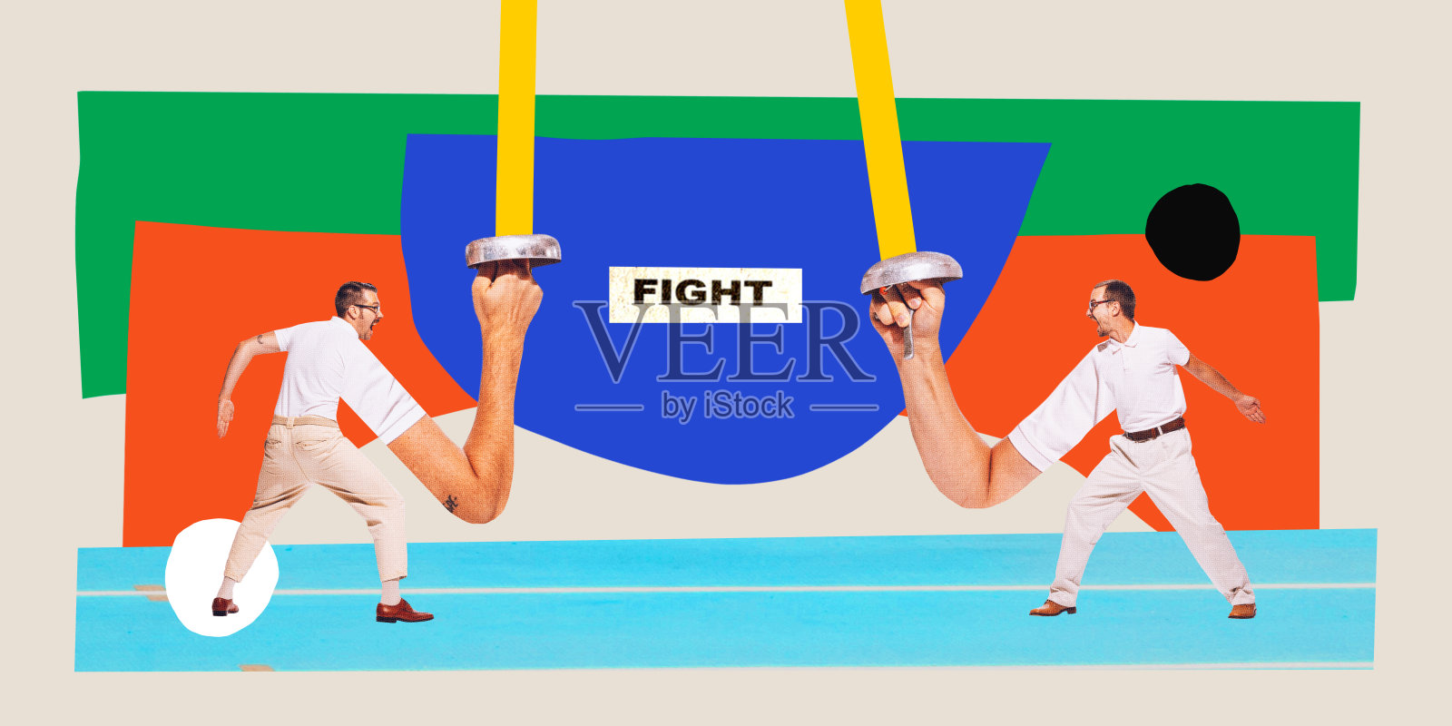 海报。当代艺术拼贴。现代创意艺术。在重剑比赛中，穿着复古休闲装、手长手长的年轻人。照片摄影图片