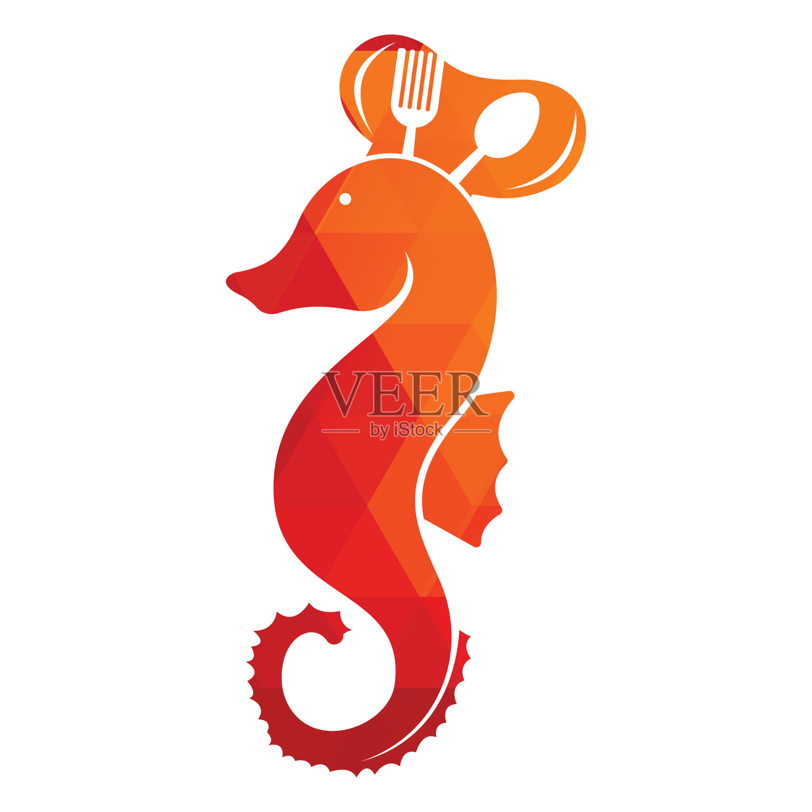 海鲜的标志。海马厨师刀叉和勺子符号插图。插画图片素材