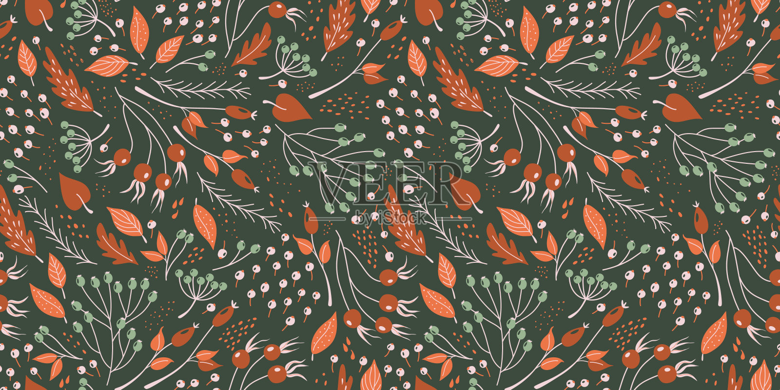 秋天植物花纹无缝。复古的软背景与秋天的叶子，浆果和树枝。抽象神秘森林的矢量插图。插画图片素材